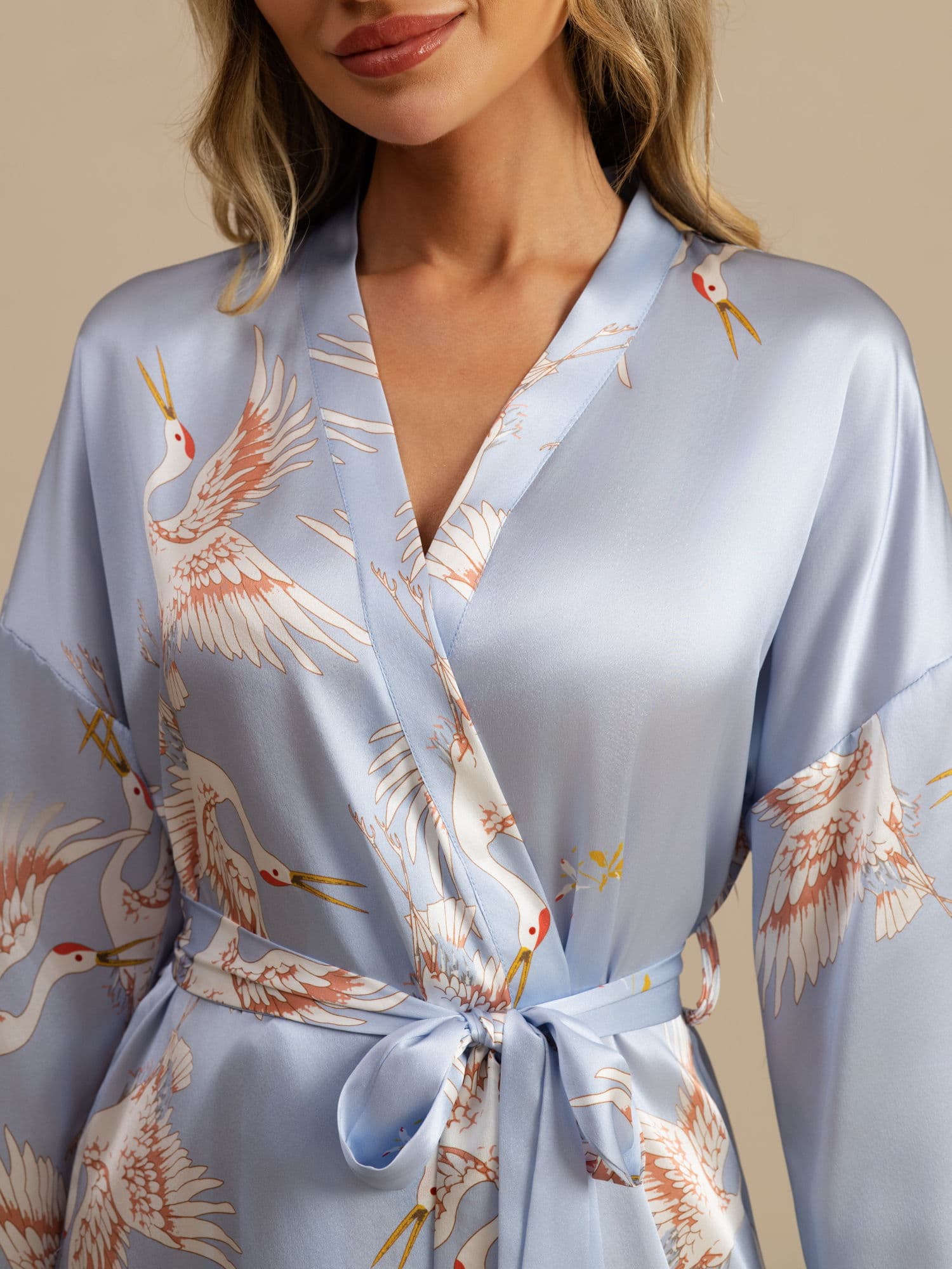 19Momme Women's Pure Silk Crane Print 3/4 Sleeve Short Kimono Robe - Image 35