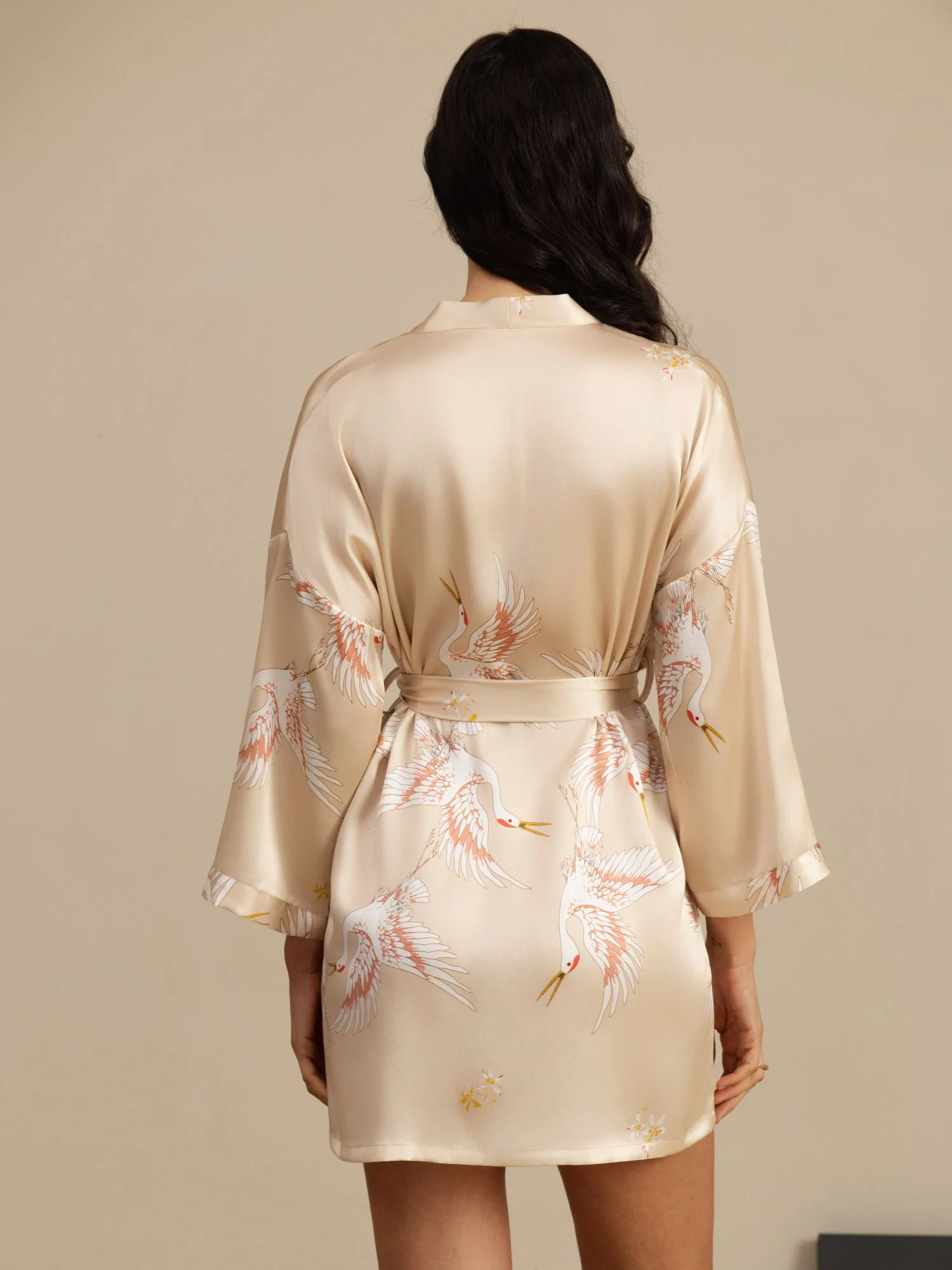 19Momme Women's Pure Silk Crane Print 3/4 Sleeve Short Kimono Robe - Image 39