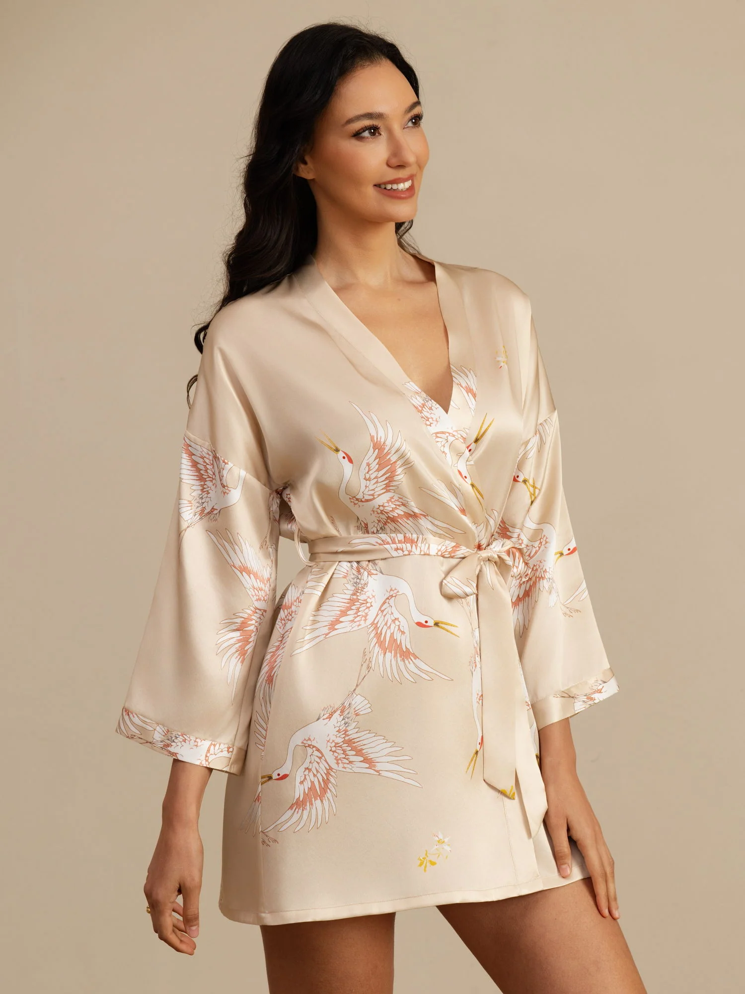 19Momme Women's Pure Silk Crane Print 3/4 Sleeve Short Kimono Robe - Image 40