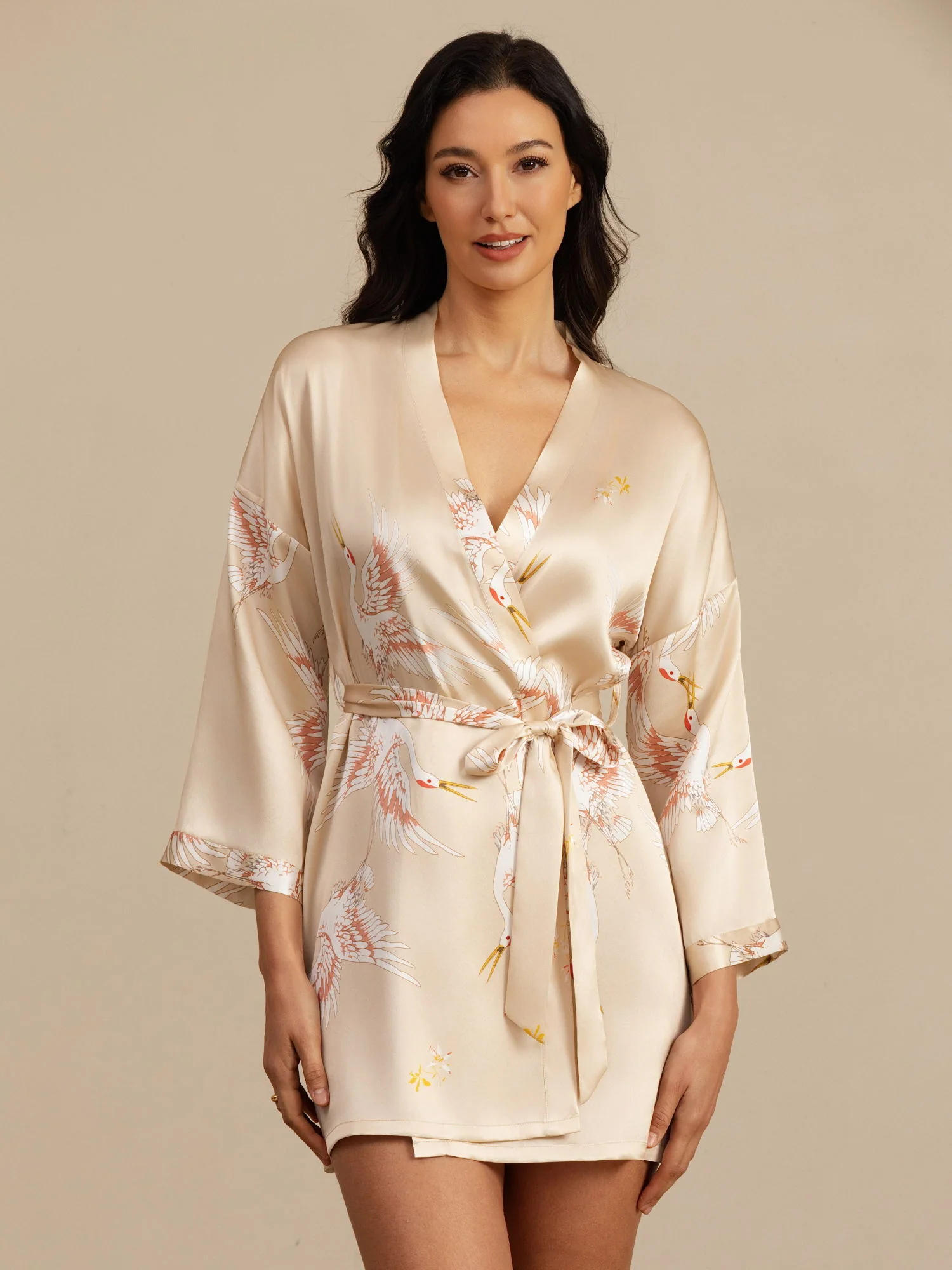19Momme Women's Pure Silk Crane Print 3/4 Sleeve Short Kimono Robe - Image 43