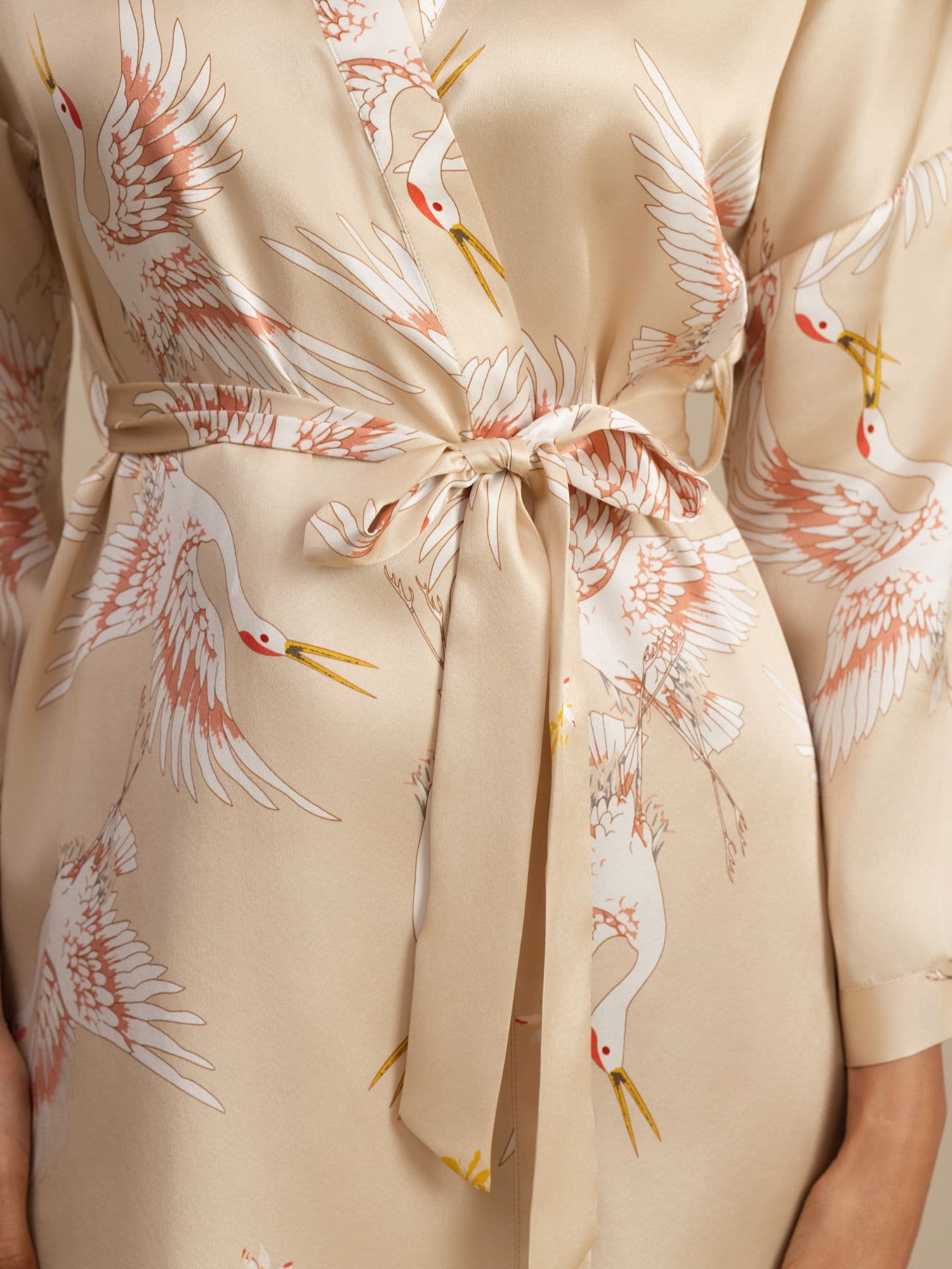19Momme Women's Pure Silk Crane Print 3/4 Sleeve Short Kimono Robe - Image 44