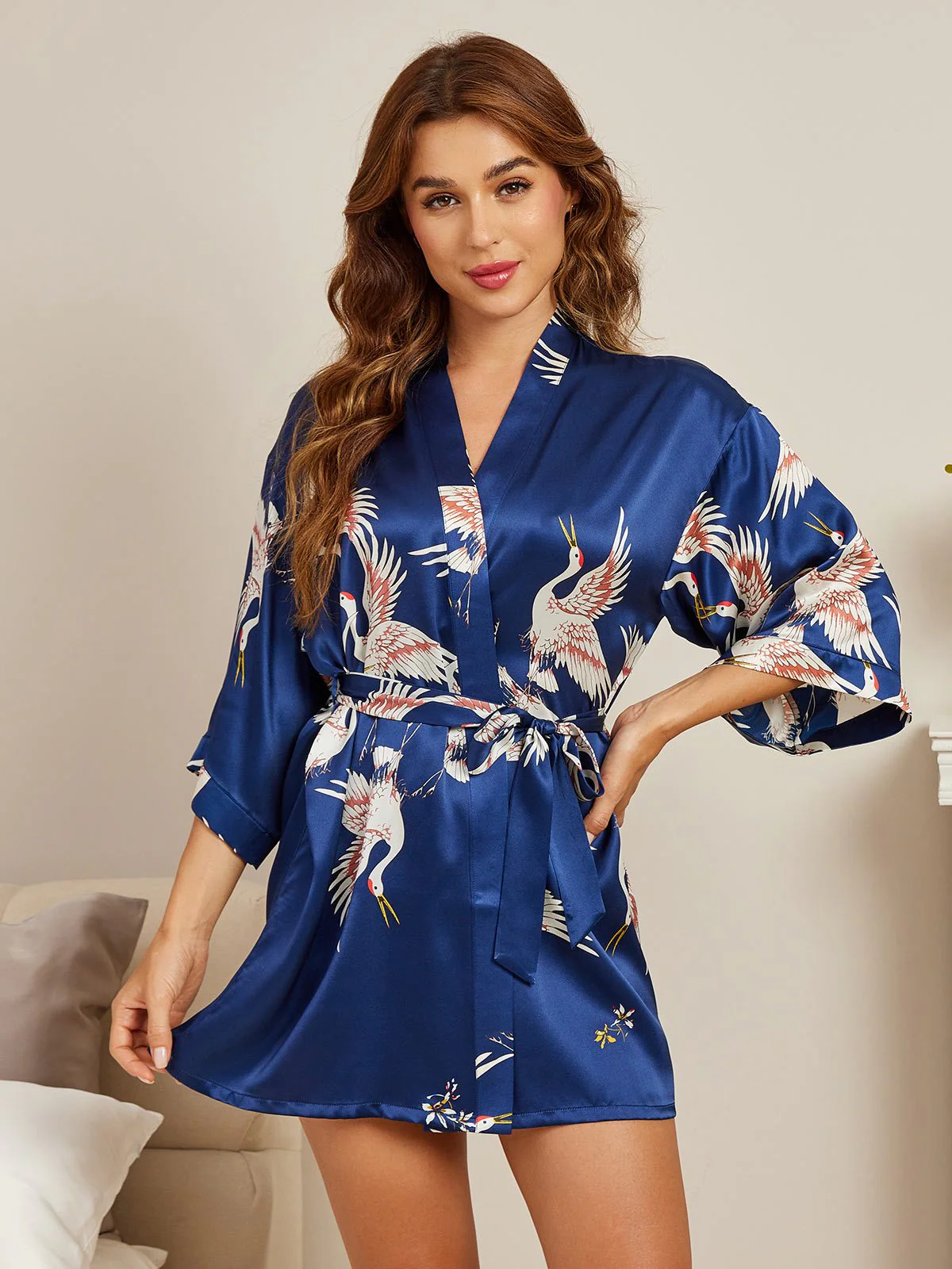 19Momme Women's Pure Silk Crane Print 3/4 Sleeve Short Kimono Robe - Image 7