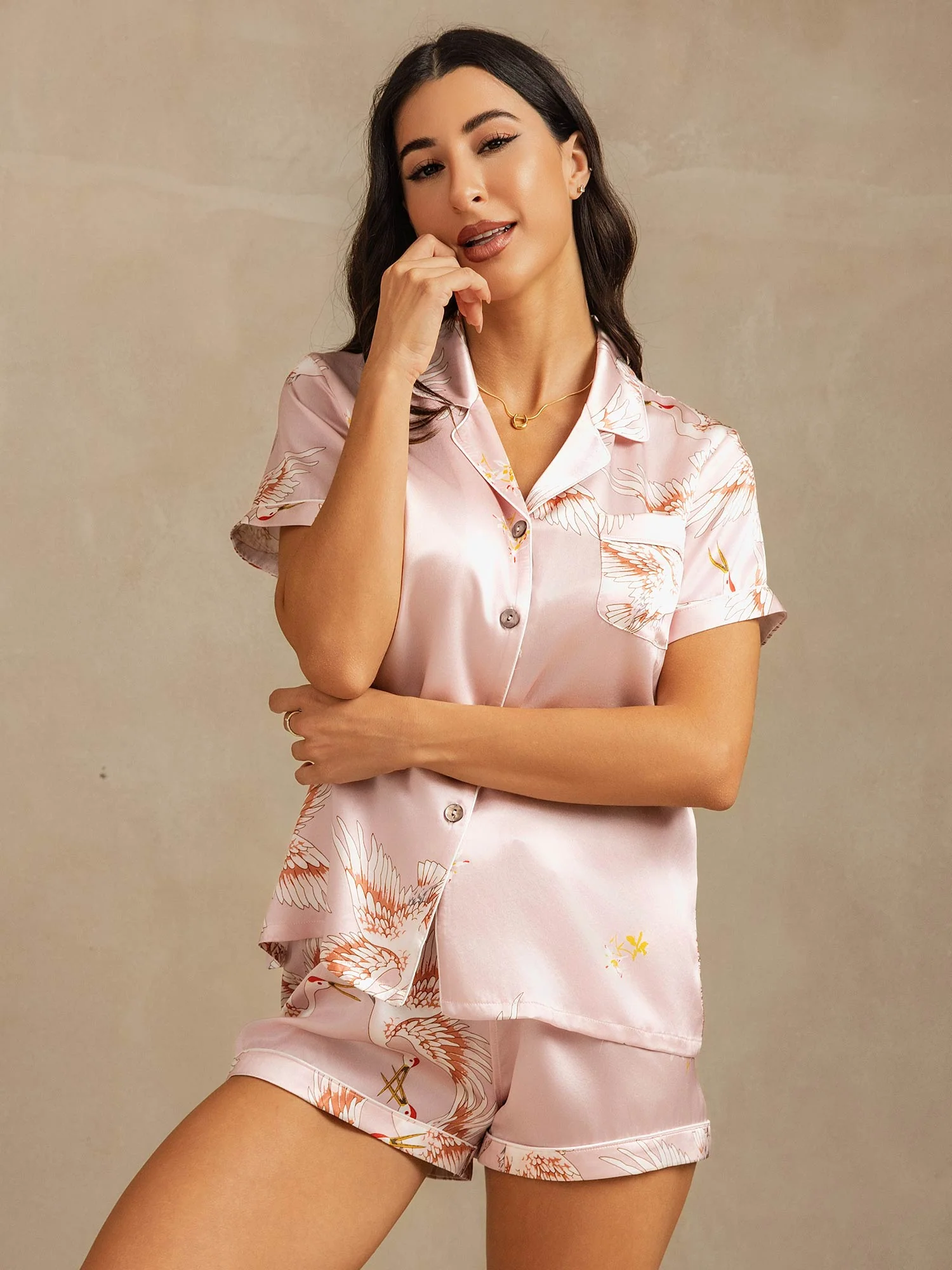 19Momme Women's Pure Silk Crane Print Short Sleeve Pajamas Set - Image 17