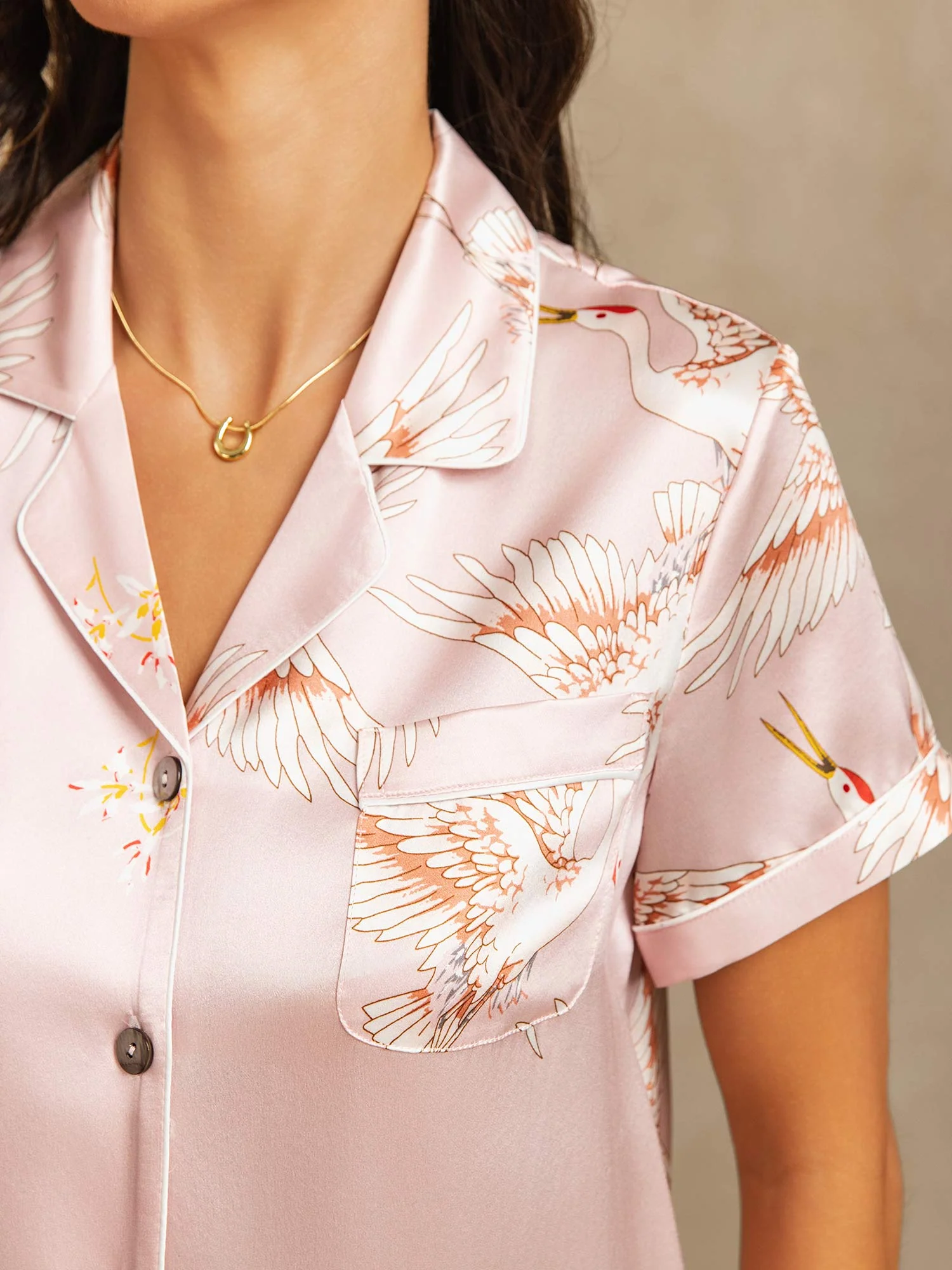 19Momme Women's Pure Silk Crane Print Short Sleeve Pajamas Set - Image 18