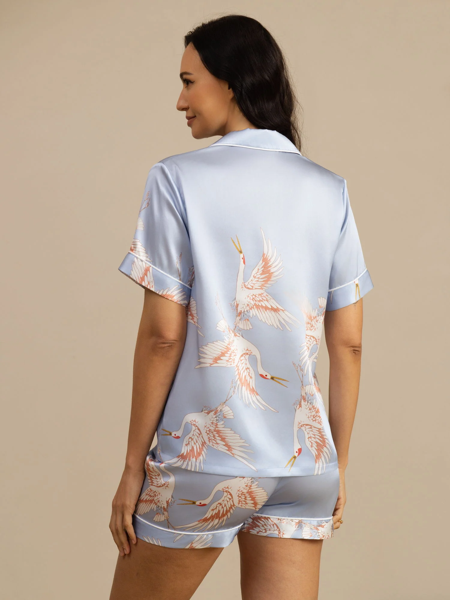 19Momme Women's Pure Silk Crane Print Short Sleeve Pajamas Set - Image 30