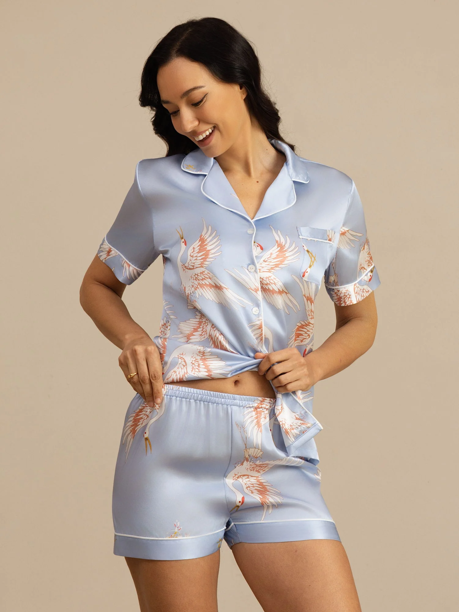 19Momme Women's Pure Silk Crane Print Short Sleeve Pajamas Set - Image 32