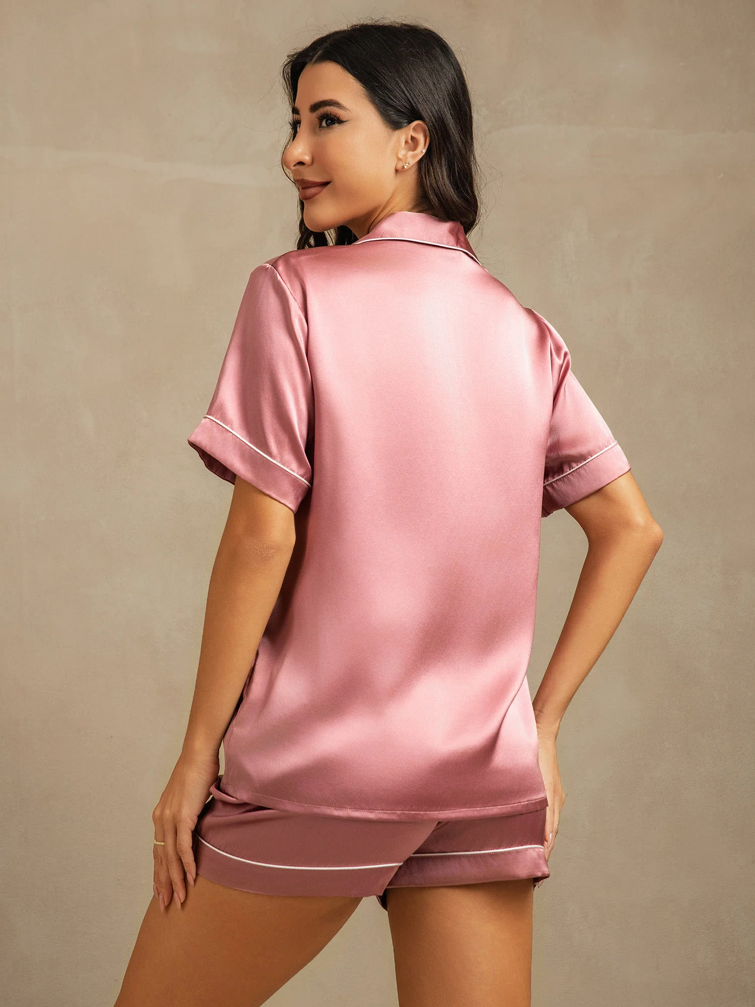 Pure Silk Short Sleeve Notch Collar Above the Knee Women's Pajamas Set - Image 33