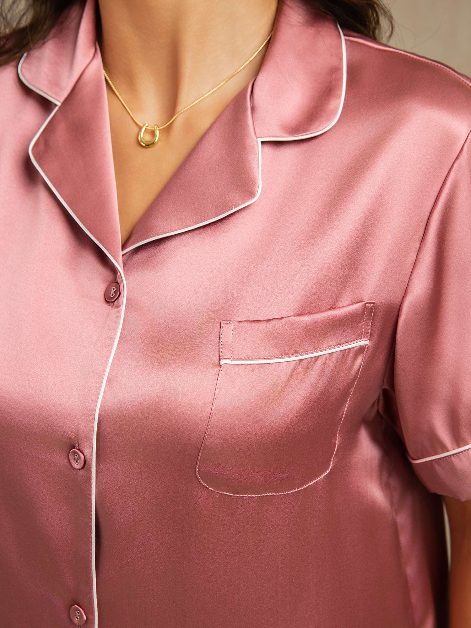 Pure Silk Short Sleeve Notch Collar Above the Knee Women's Pajamas Set - Image 36