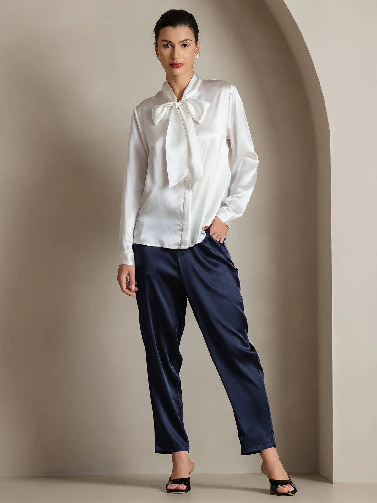 19Momme Silk Long Sleeve Tie Neck Blouse - Image 12