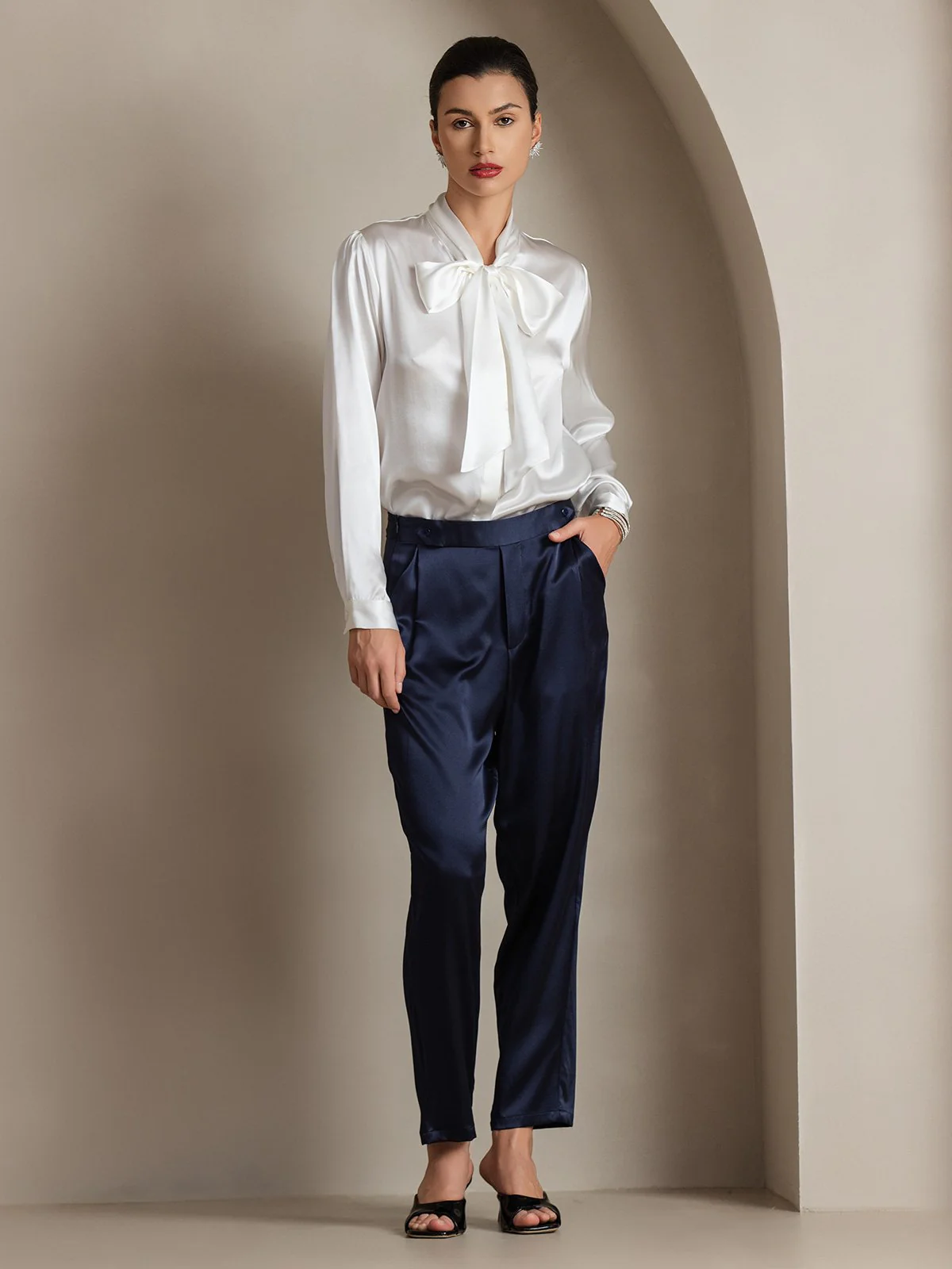 19Momme Silk Long Sleeve Tie Neck Blouse - Image 13