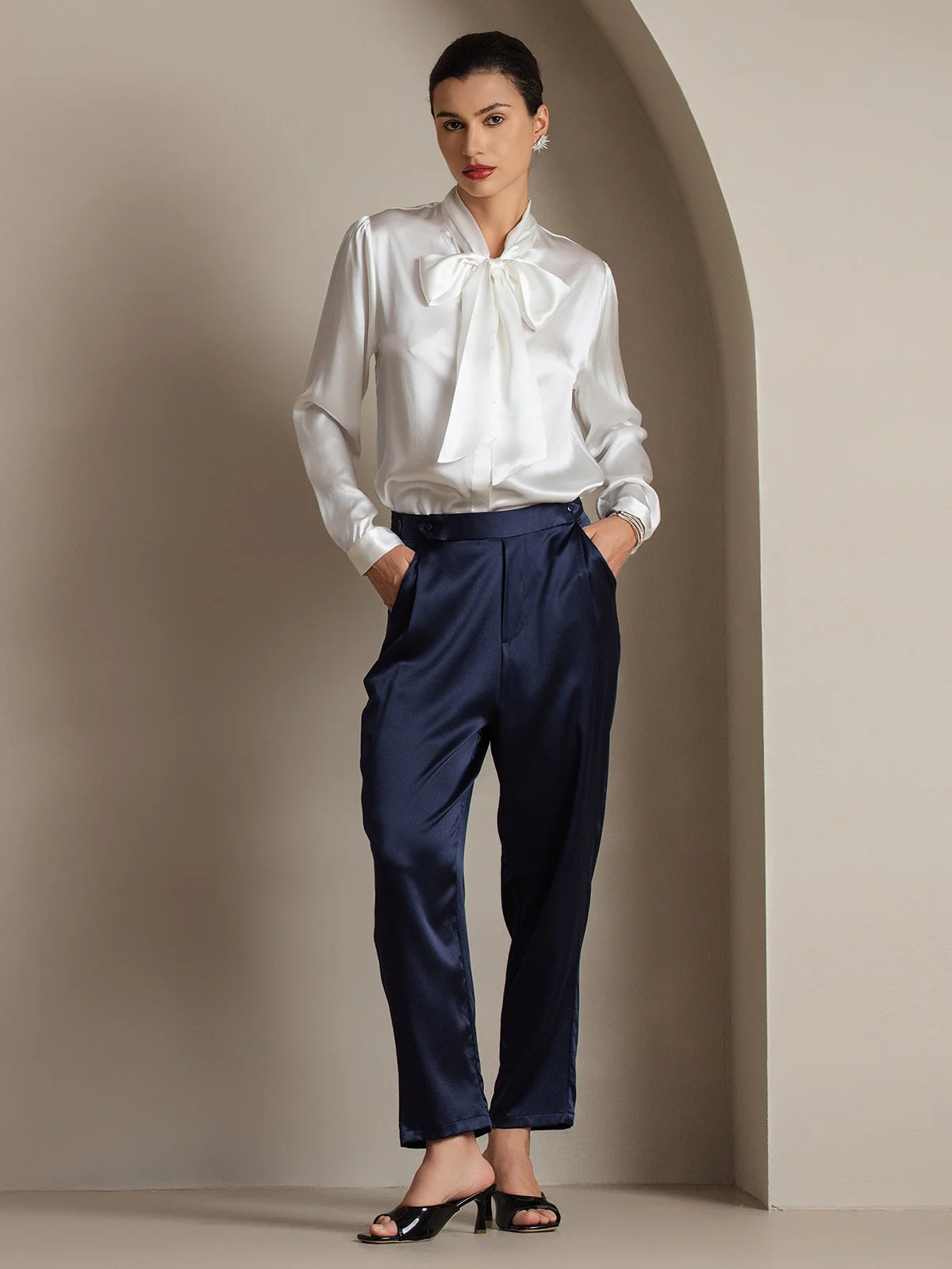 19Momme Silk Long Sleeve Tie Neck Blouse - Image 15