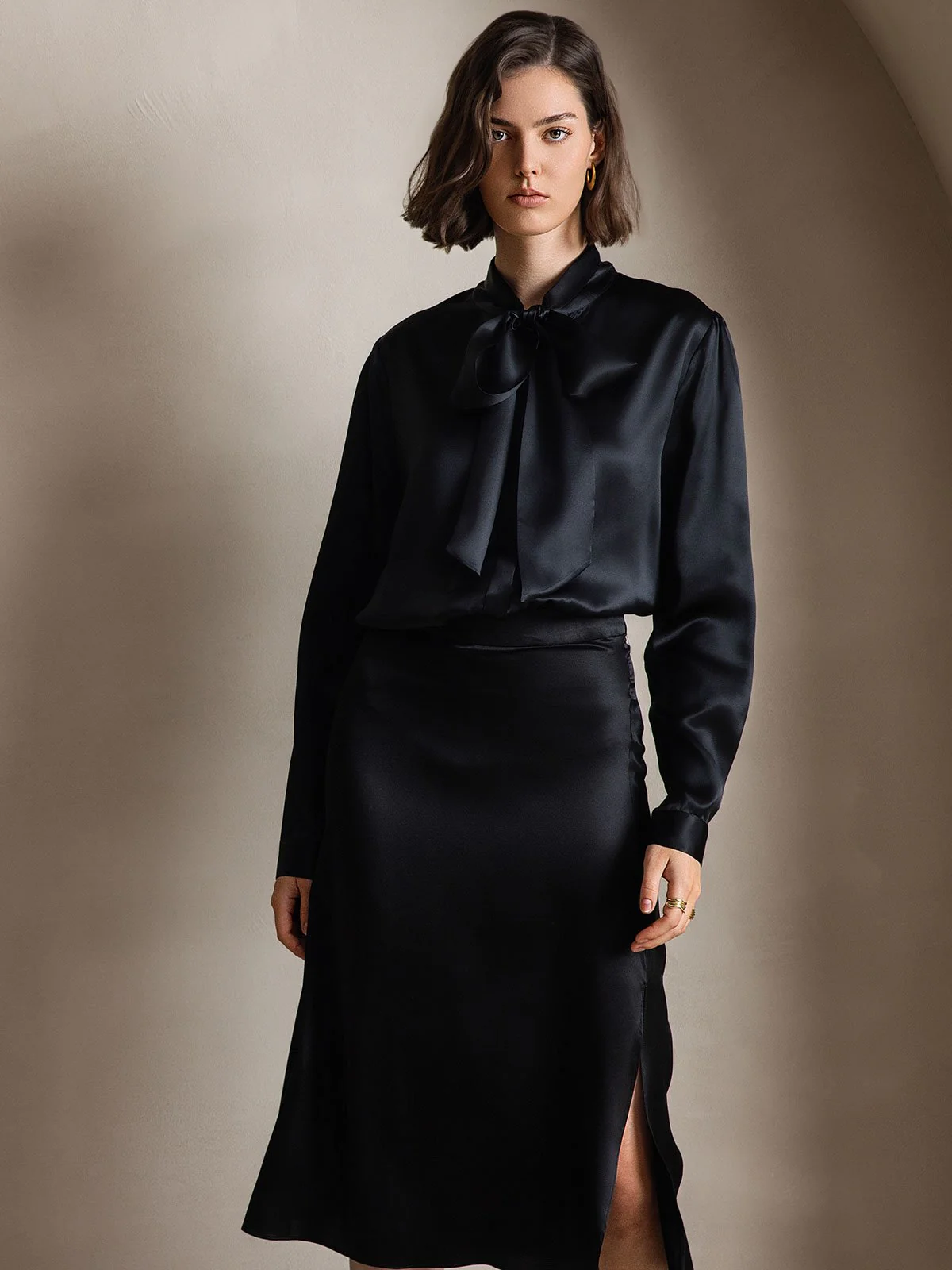 19Momme Silk Long Sleeve Tie Neck Blouse - Image 19