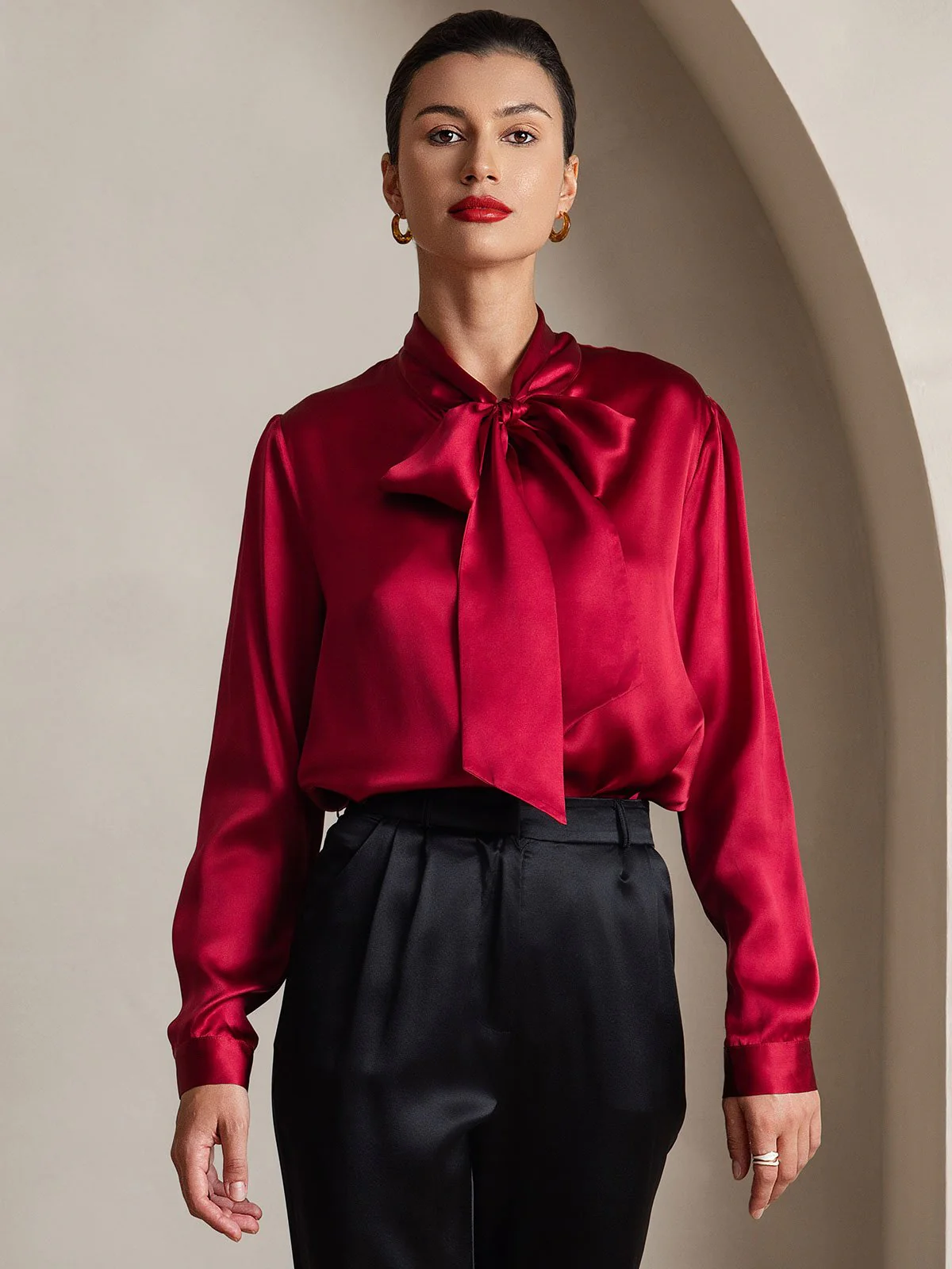 19Momme Silk Long Sleeve Tie Neck Blouse - Image 23