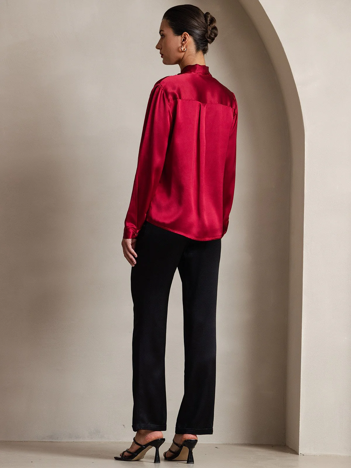19Momme Silk Long Sleeve Tie Neck Blouse - Image 24