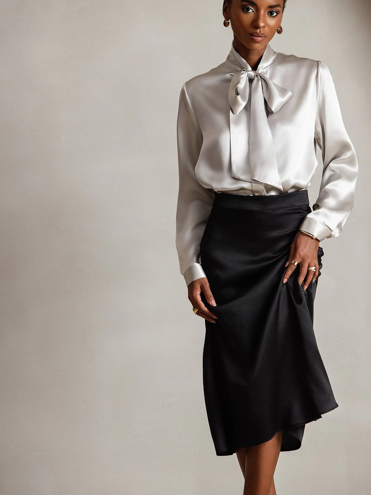 19Momme Silk Long Sleeve Tie Neck Blouse - Image 29