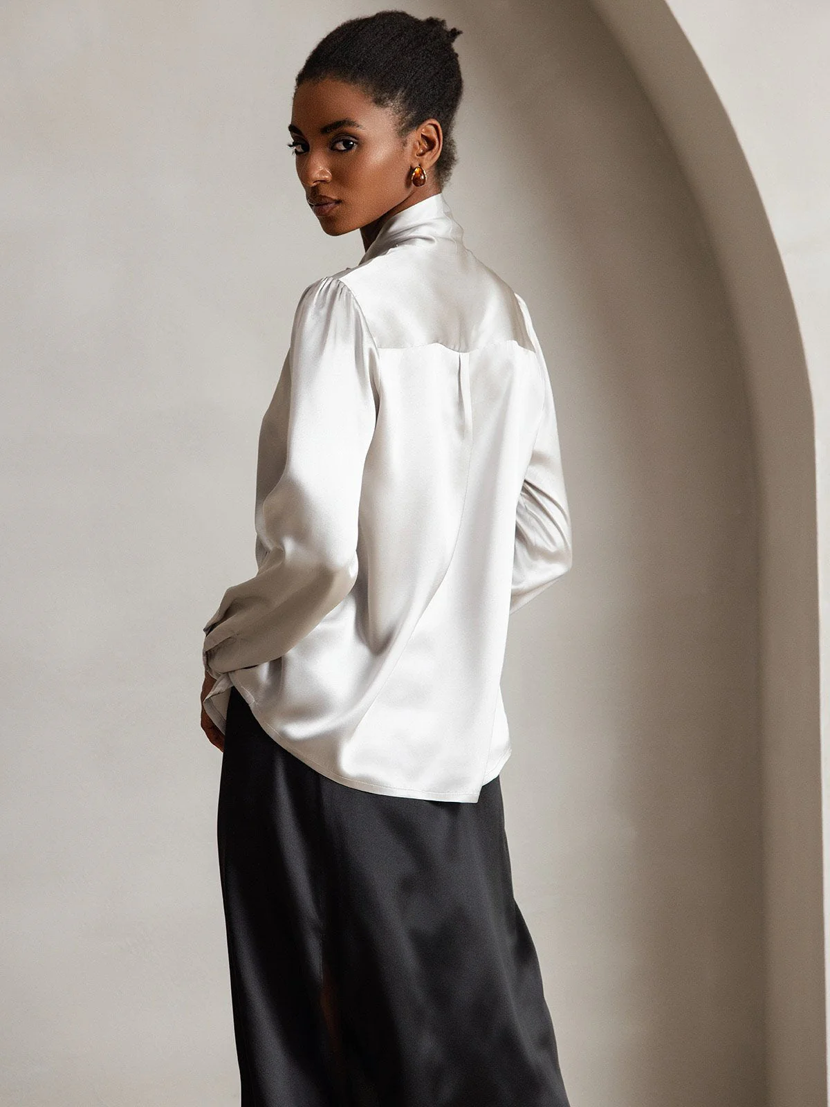 19Momme Silk Long Sleeve Tie Neck Blouse - Image 30
