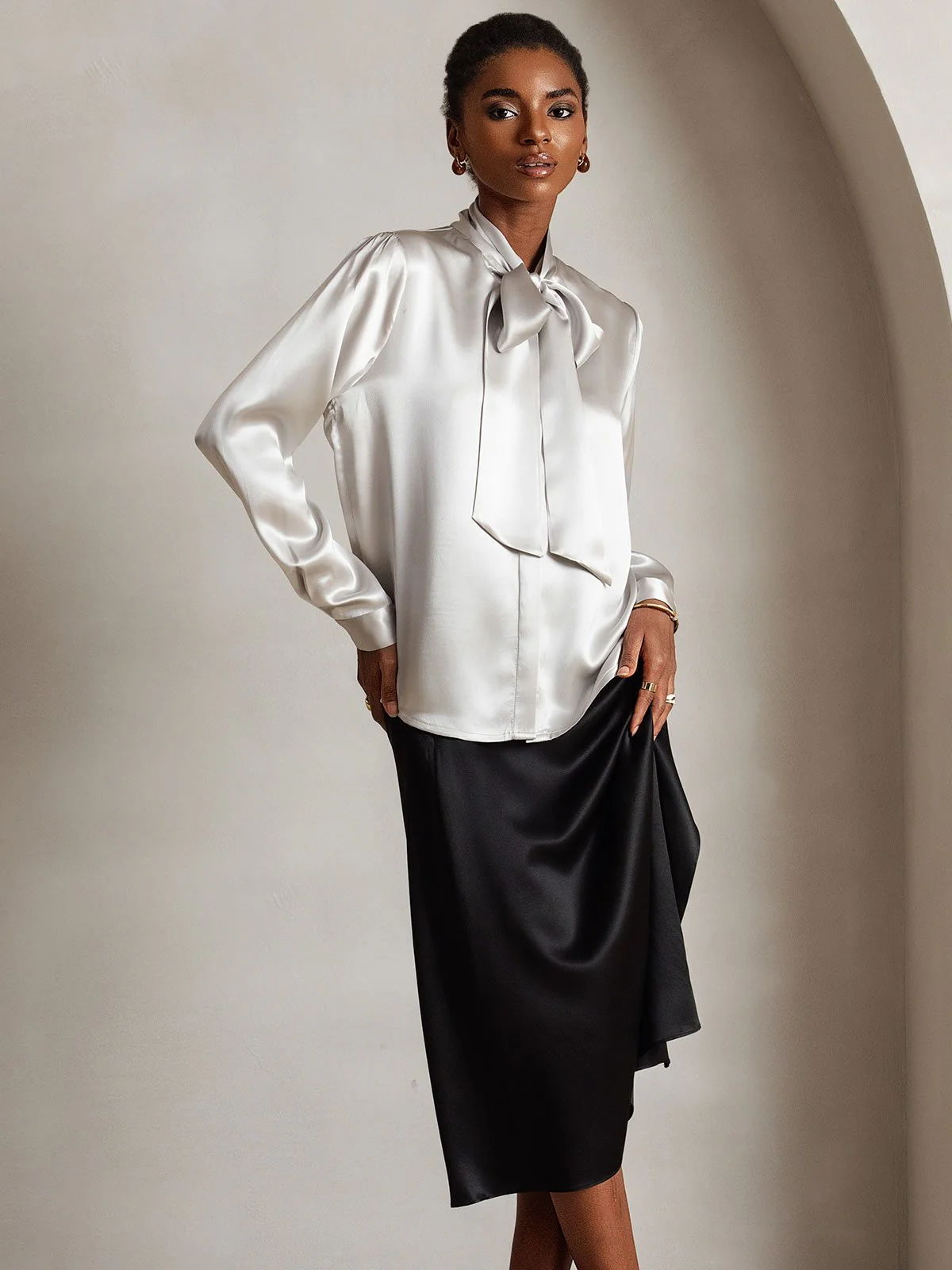 19Momme Silk Long Sleeve Tie Neck Blouse - Image 31