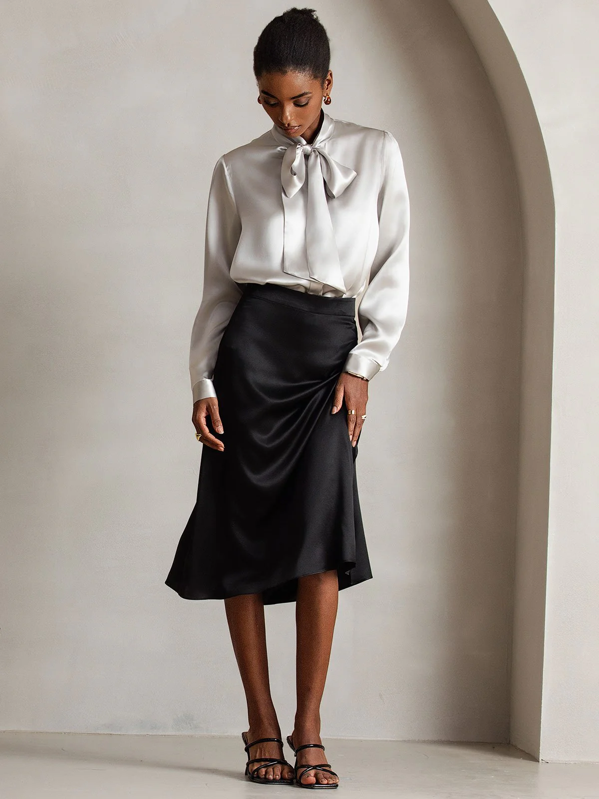 19Momme Silk Long Sleeve Tie Neck Blouse - Image 35