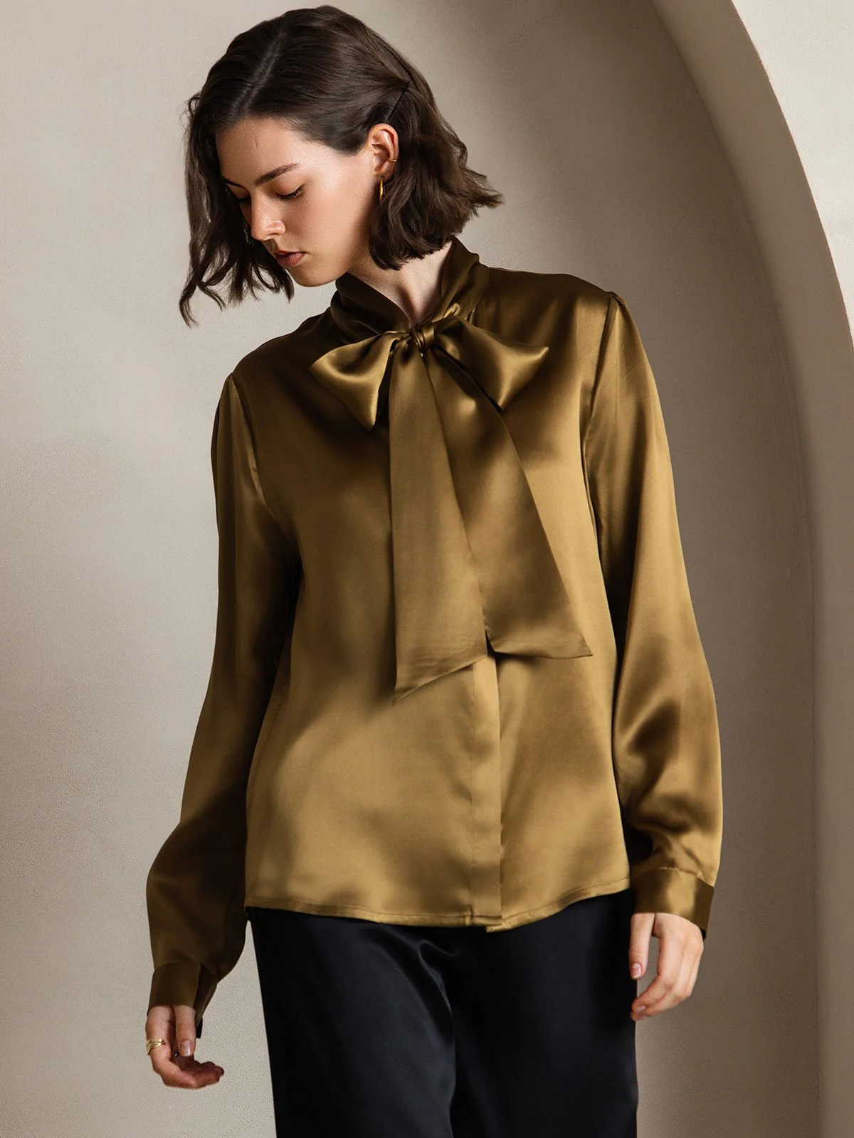 19Momme Silk Long Sleeve Tie Neck Blouse - Image 36