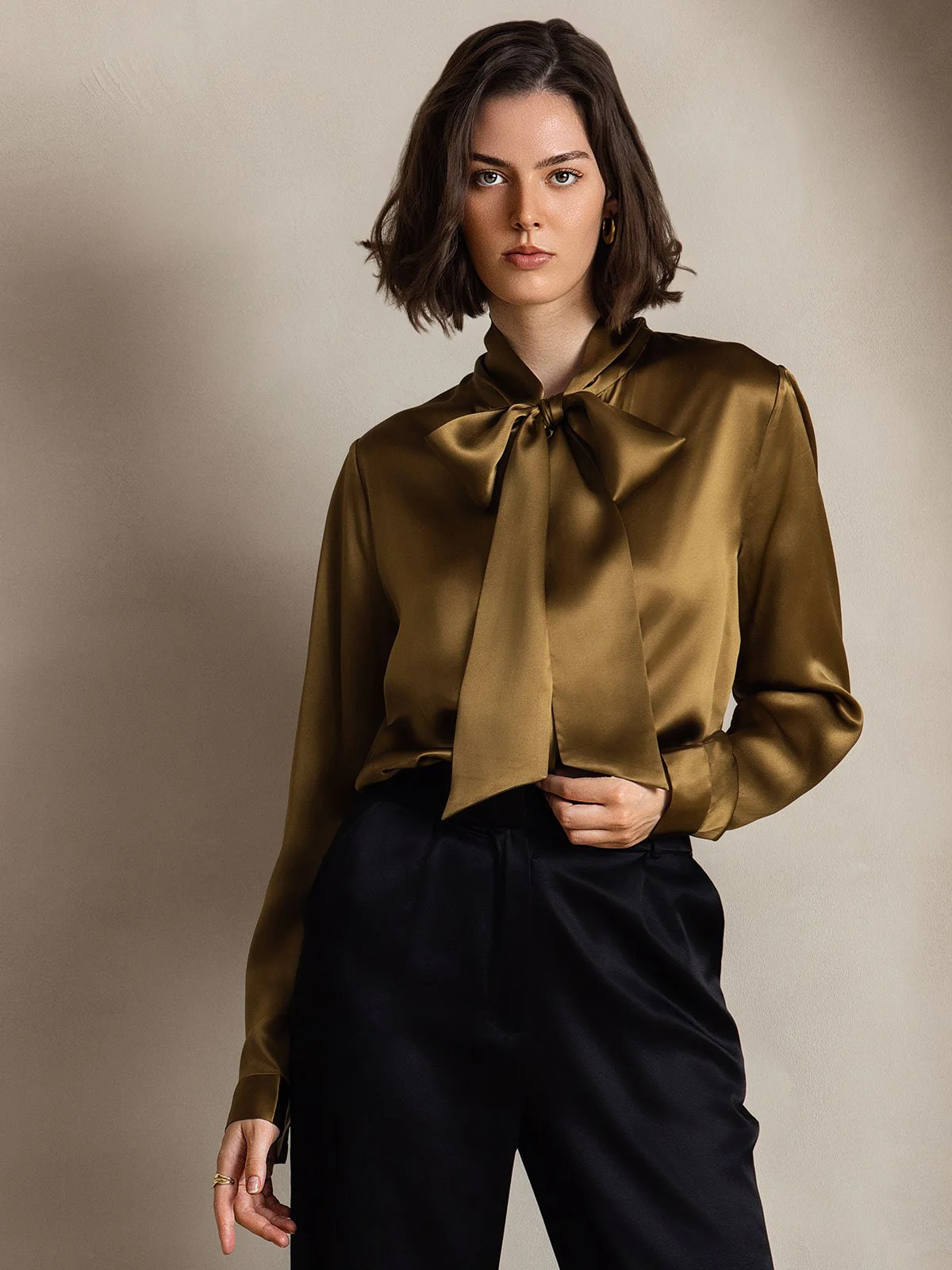 19Momme Silk Long Sleeve Tie Neck Blouse - Image 39