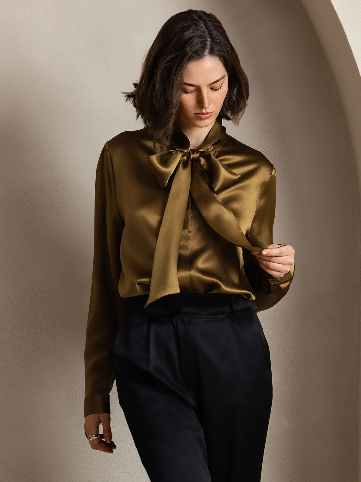 19Momme Silk Long Sleeve Tie Neck Blouse - Image 40