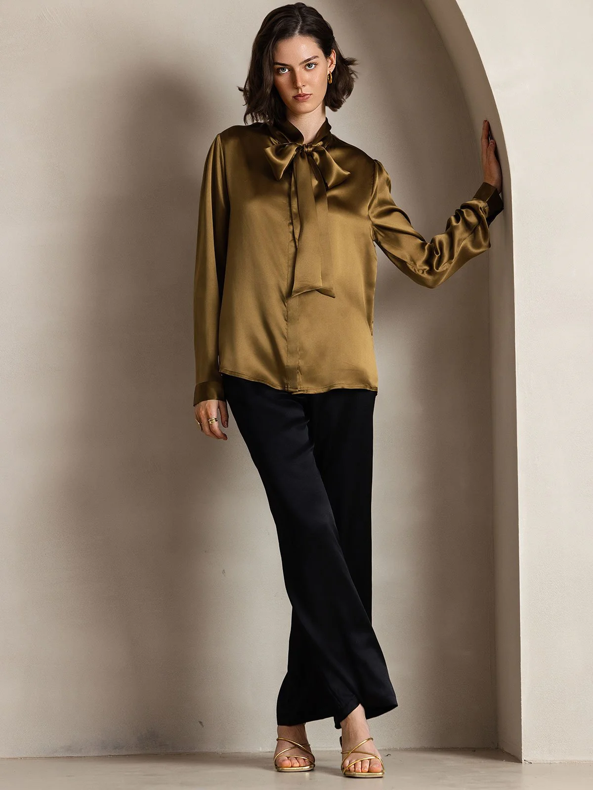 19Momme Silk Long Sleeve Tie Neck Blouse - Image 41