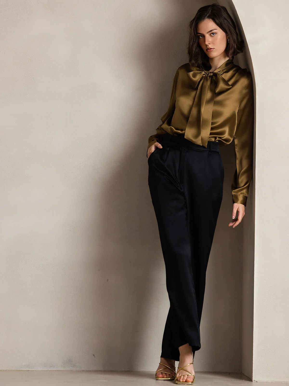 19Momme Silk Long Sleeve Tie Neck Blouse - Image 43