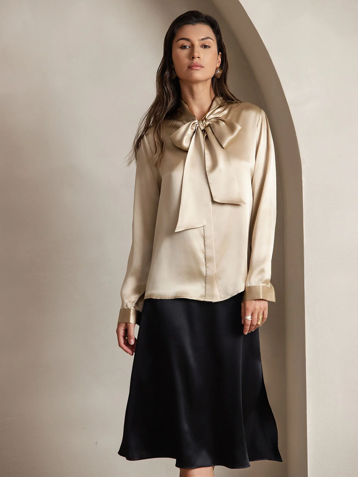 19Momme Silk Long Sleeve Tie Neck Blouse - Image 44