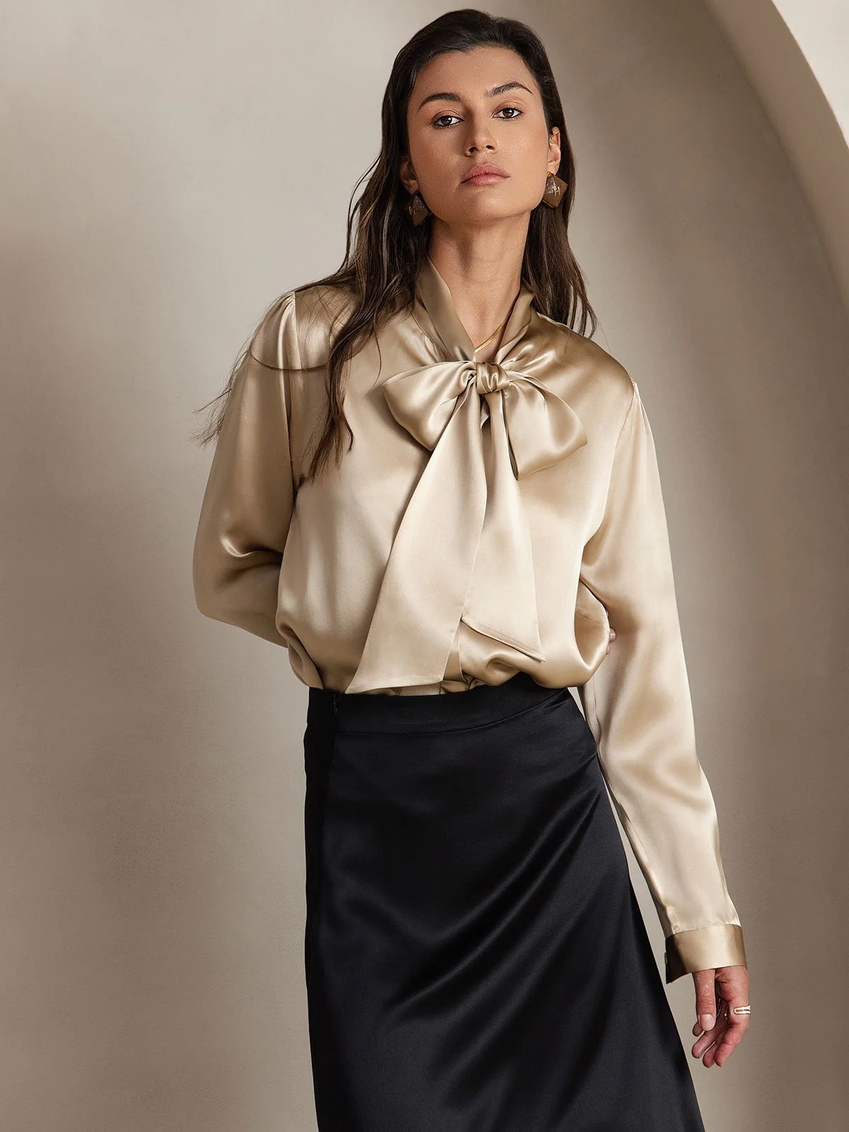 19Momme Silk Long Sleeve Tie Neck Blouse - Image 46