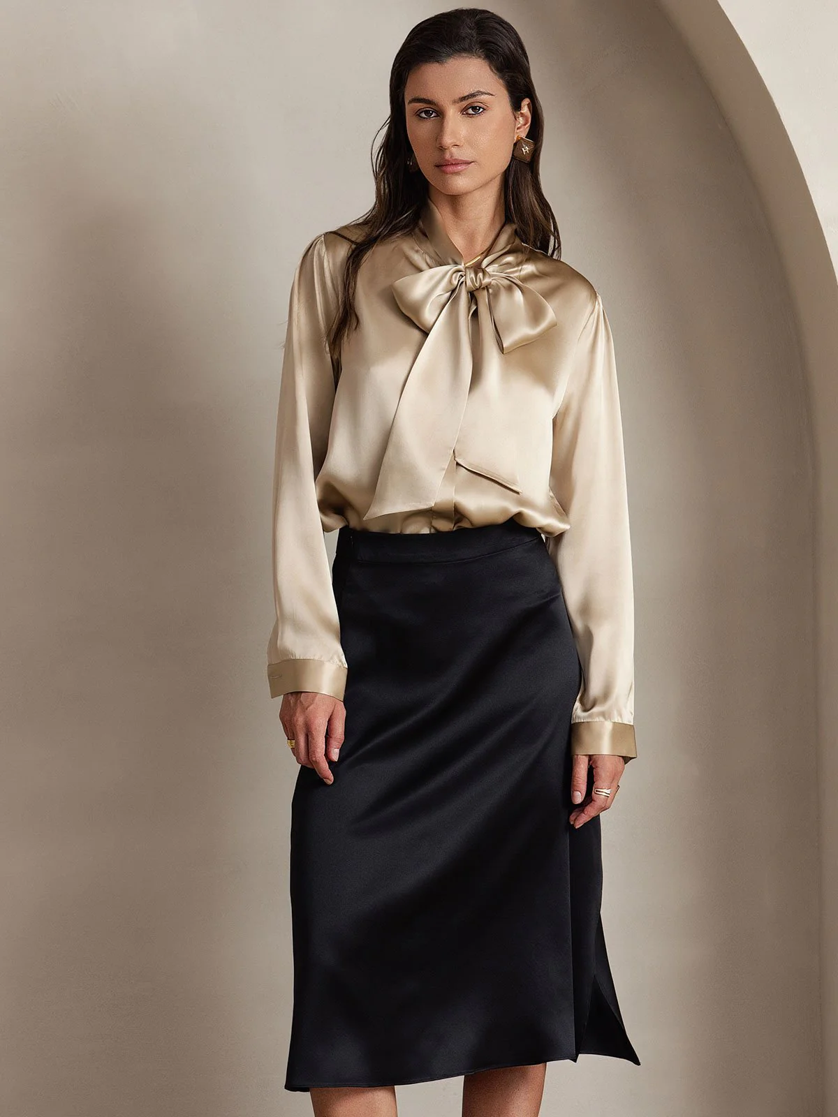 19Momme Silk Long Sleeve Tie Neck Blouse - Image 47