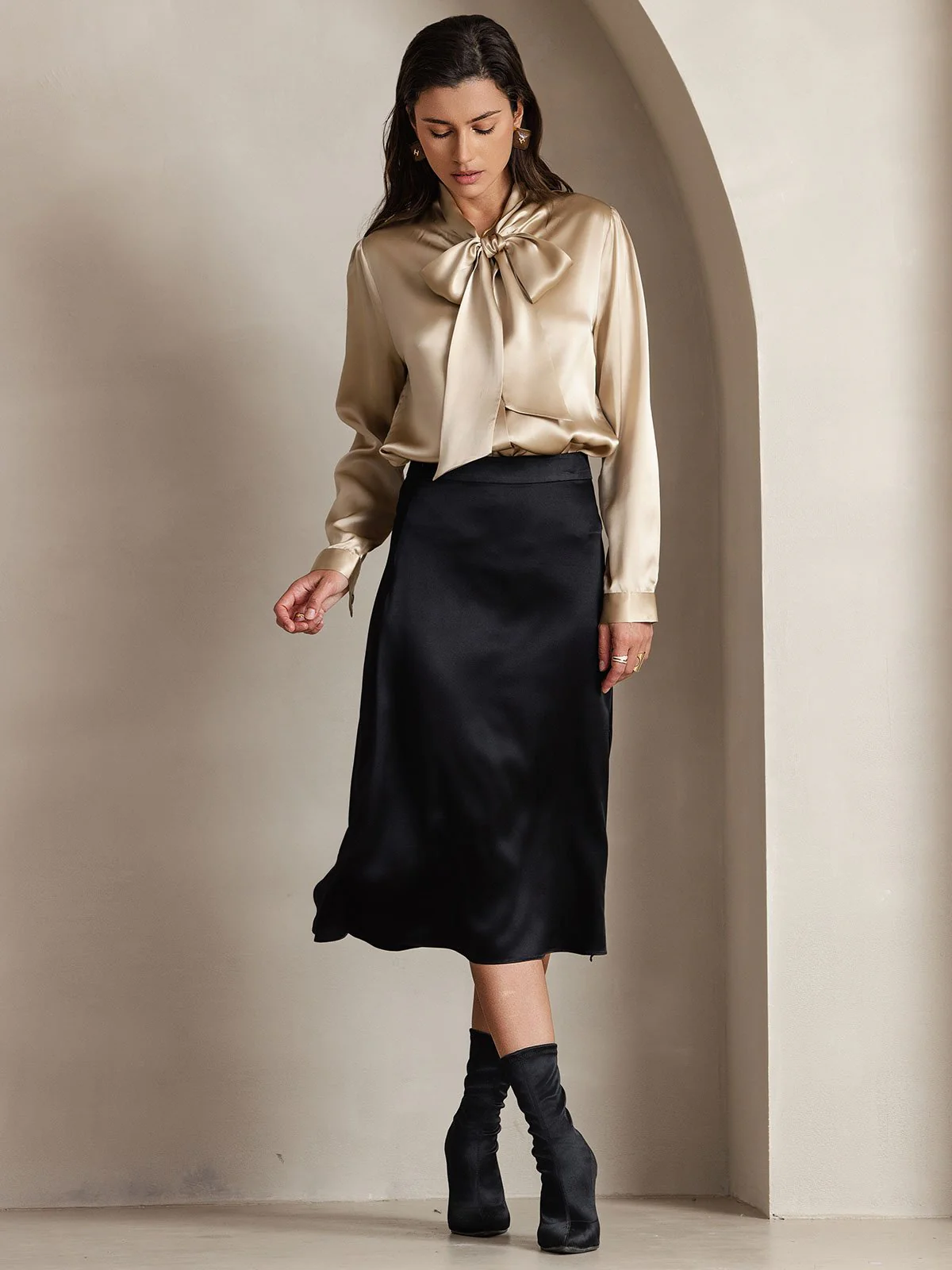 19Momme Silk Long Sleeve Tie Neck Blouse - Image 49