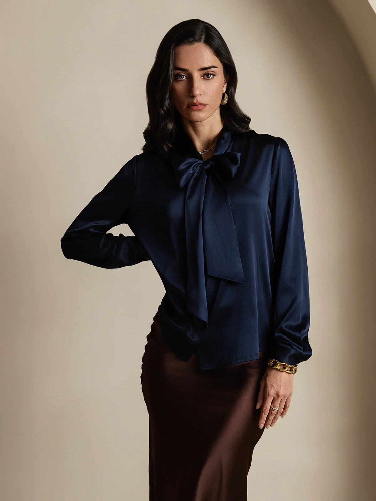19Momme Silk Long Sleeve Tie Neck Blouse - Image 52