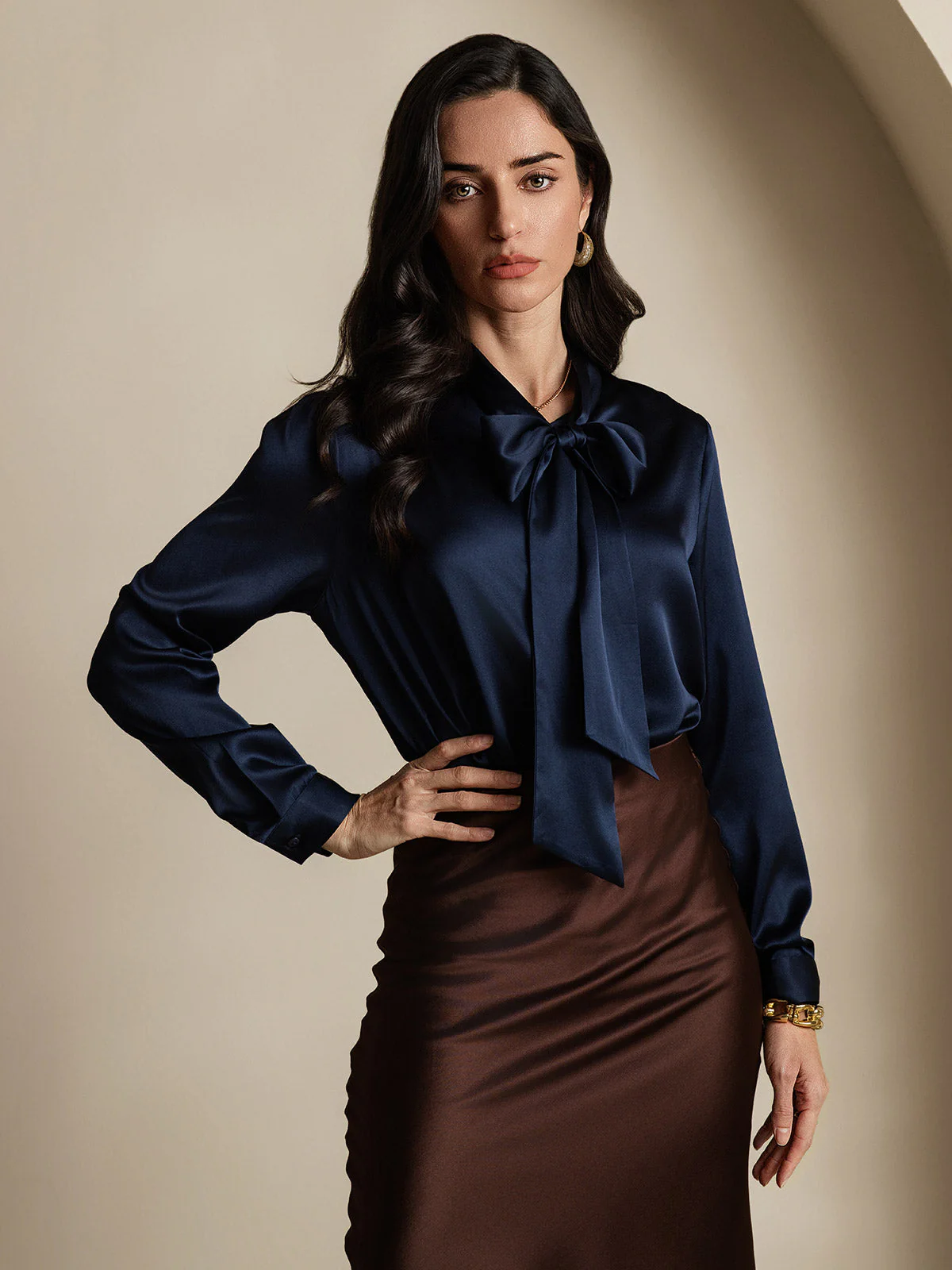 19Momme Silk Long Sleeve Tie Neck Blouse - Image 53