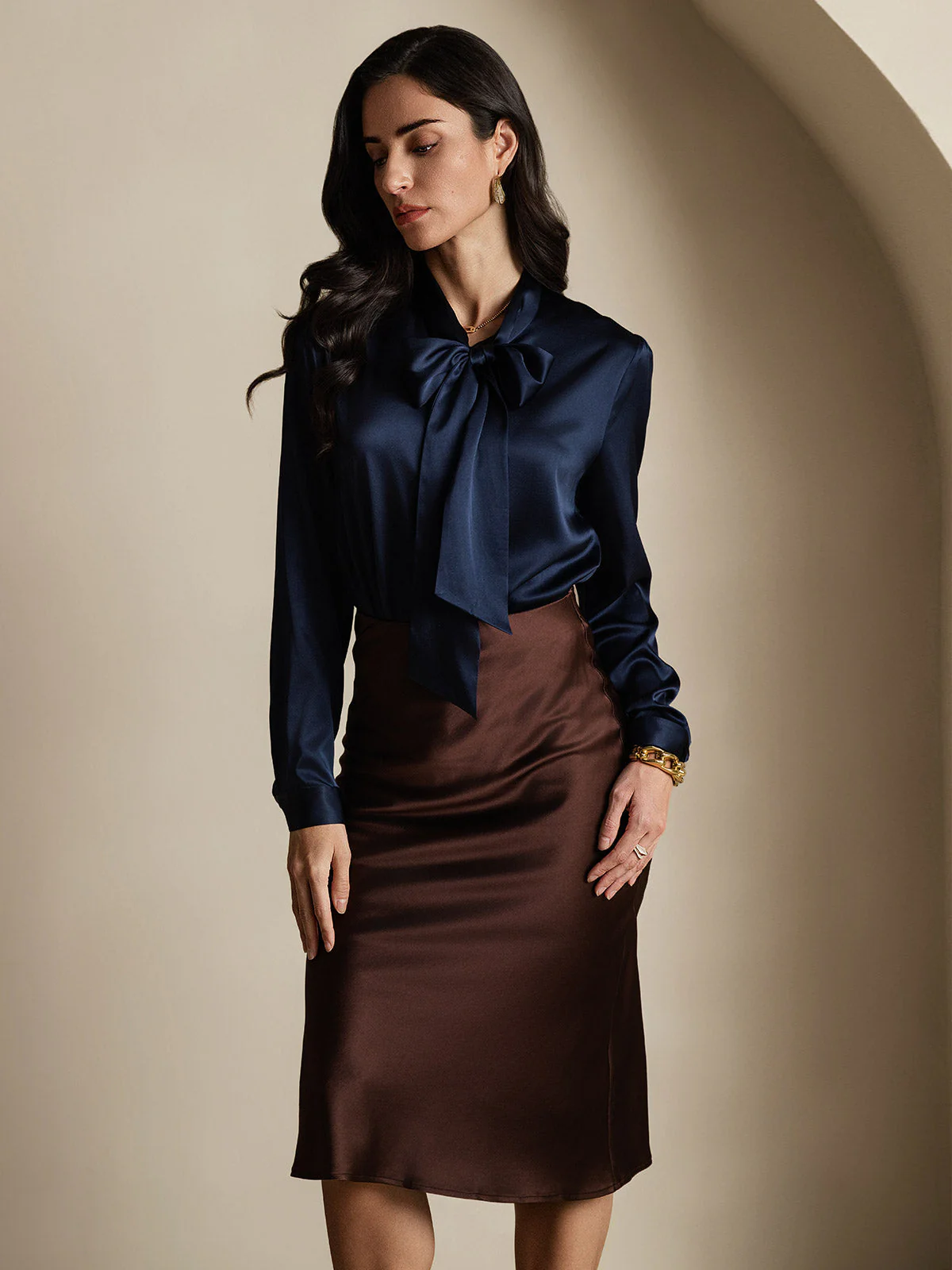 19Momme Silk Long Sleeve Tie Neck Blouse - Image 54