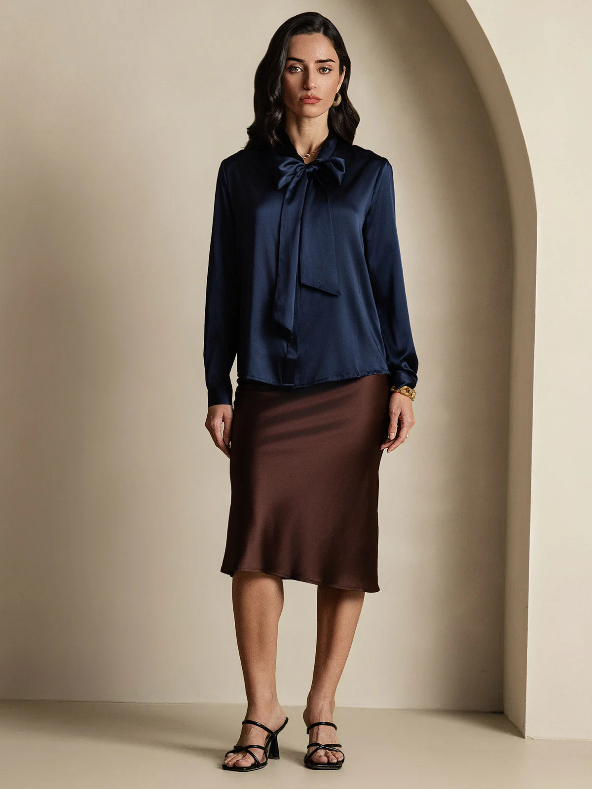 19Momme Silk Long Sleeve Tie Neck Blouse - Image 55