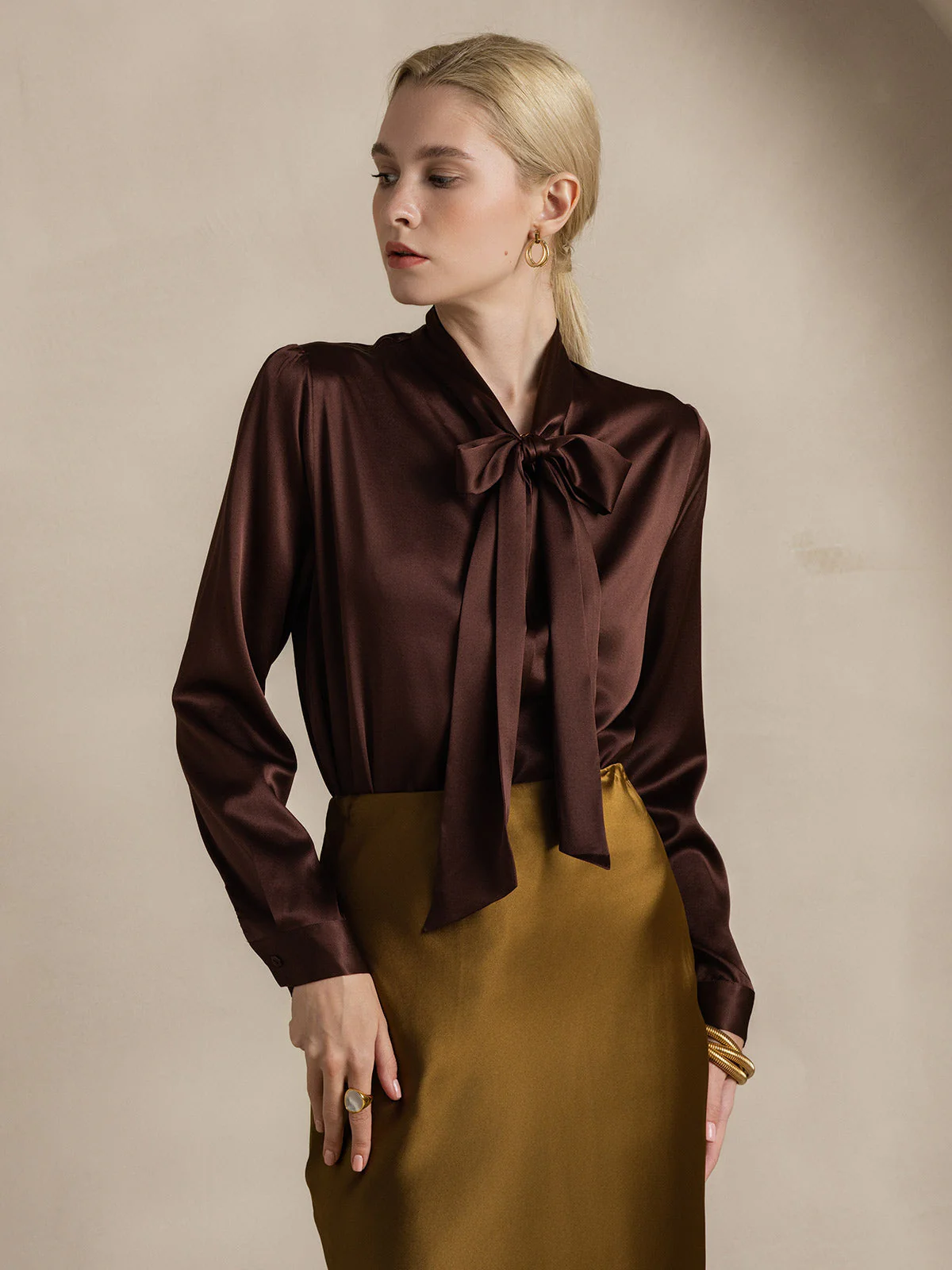 19Momme Silk Long Sleeve Tie Neck Blouse - Image 58