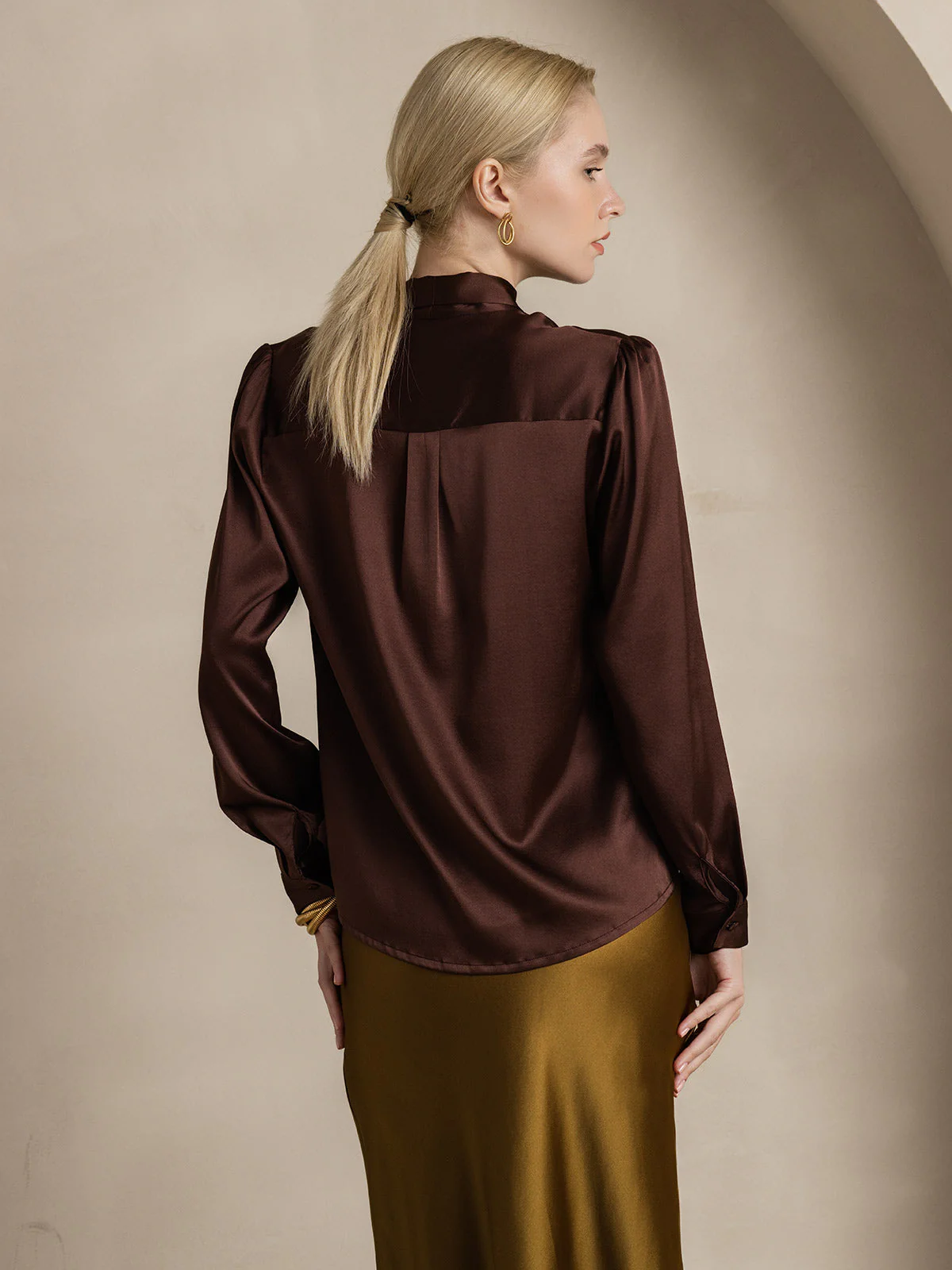 19Momme Silk Long Sleeve Tie Neck Blouse - Image 59