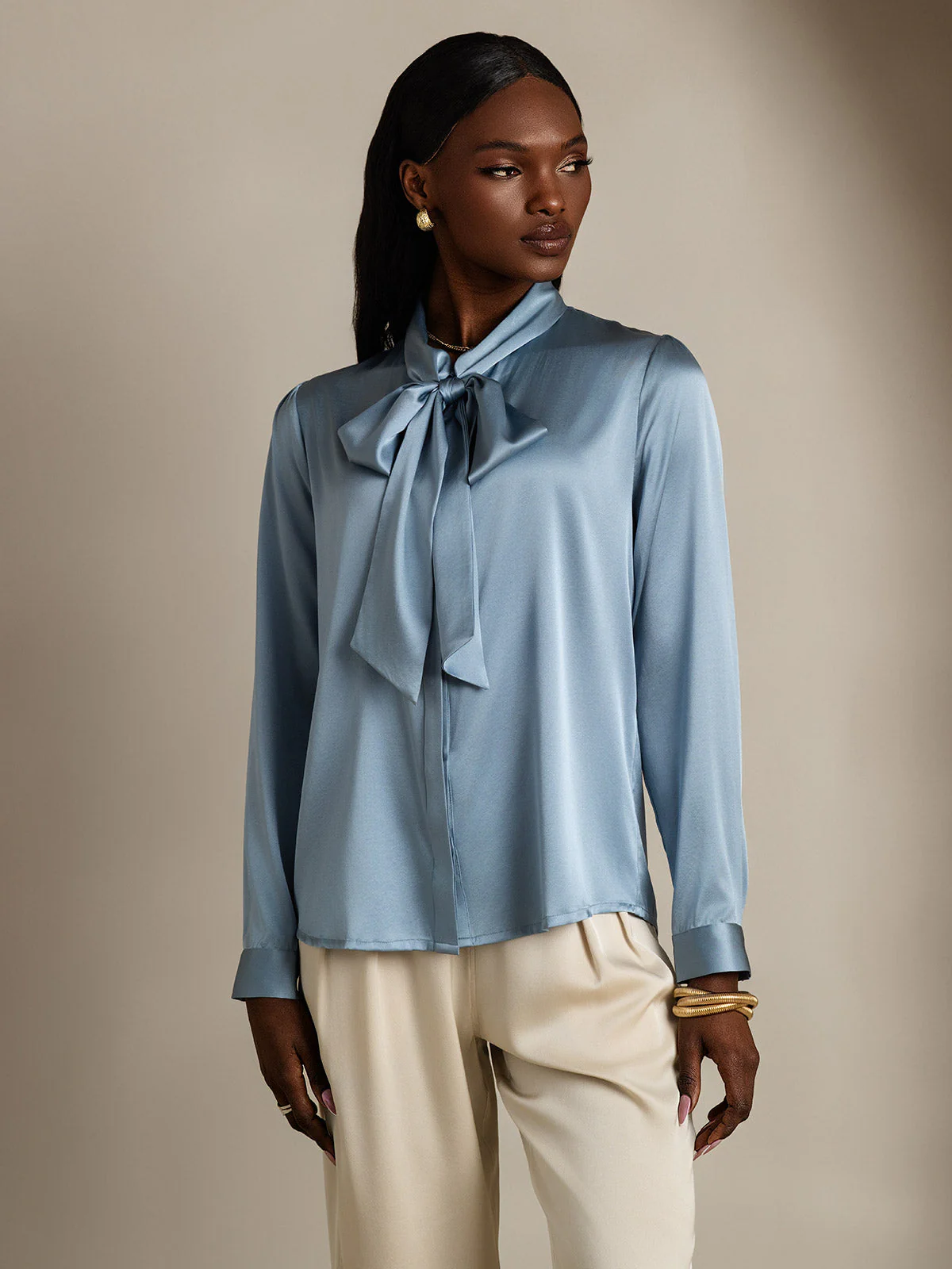 19Momme Silk Long Sleeve Tie Neck Blouse - Image 6