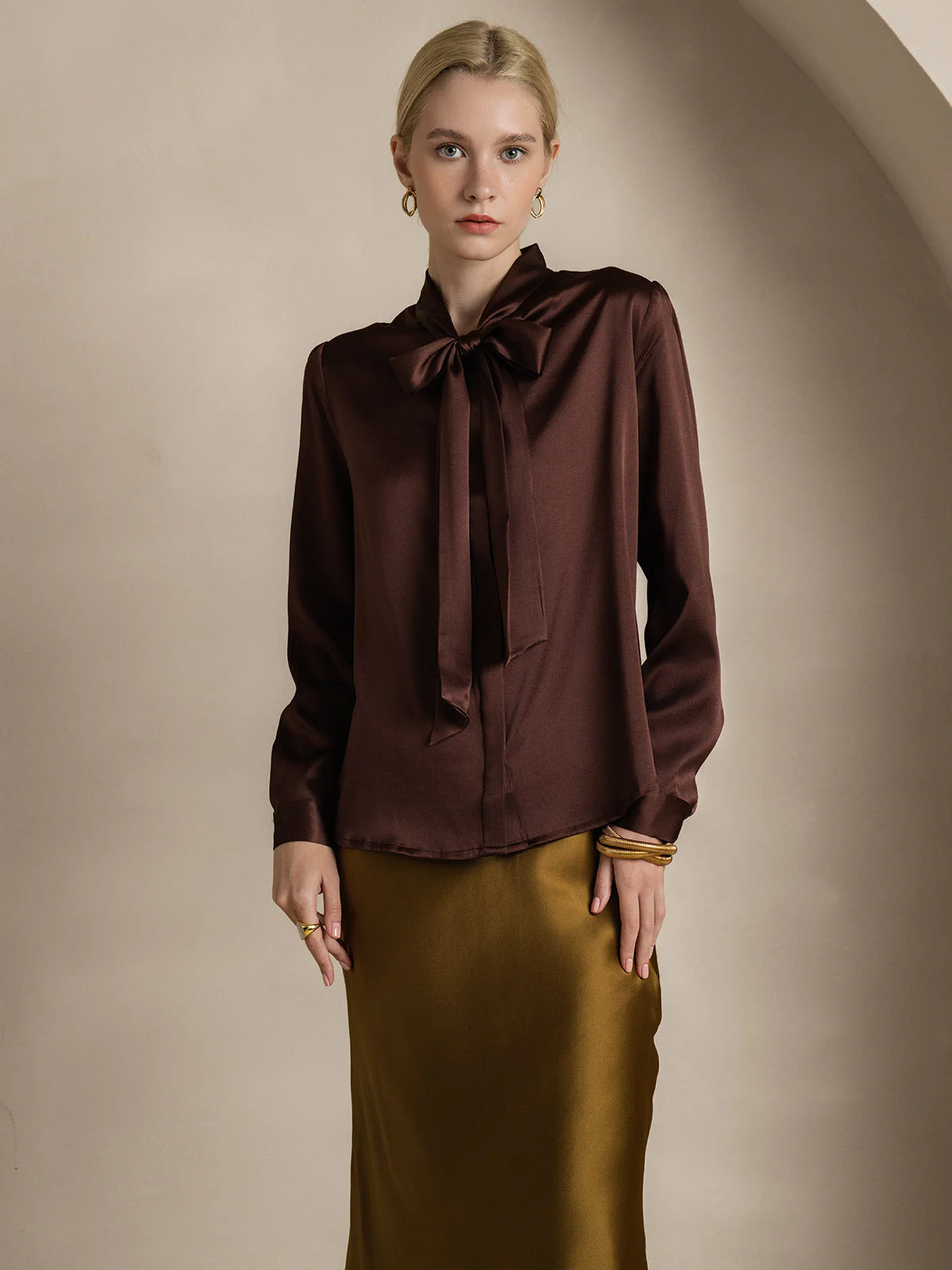 19Momme Silk Long Sleeve Tie Neck Blouse - Image 61