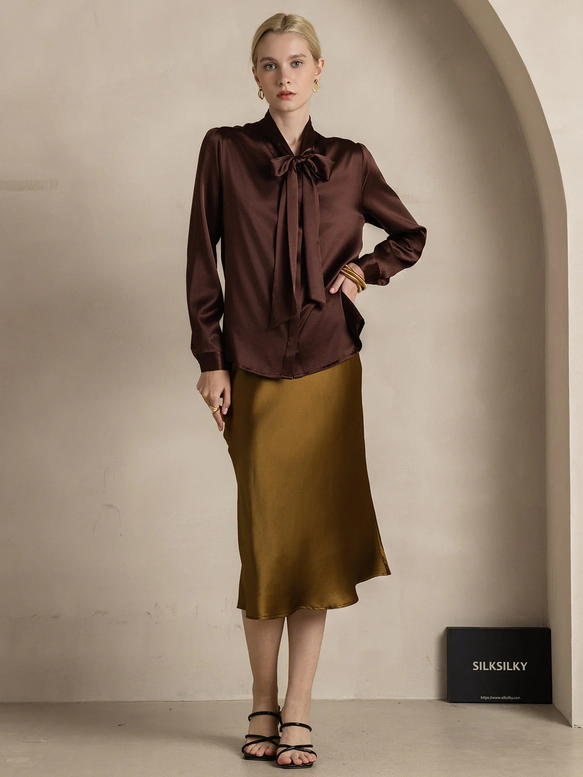 19Momme Silk Long Sleeve Tie Neck Blouse - Image 63