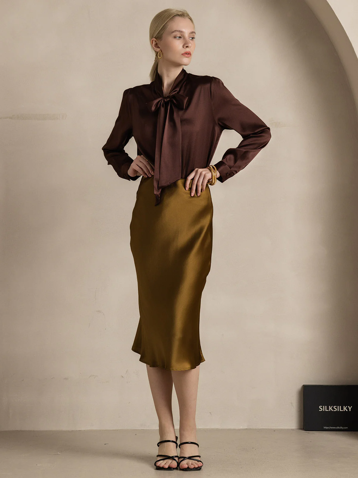 19Momme Silk Long Sleeve Tie Neck Blouse - Image 64
