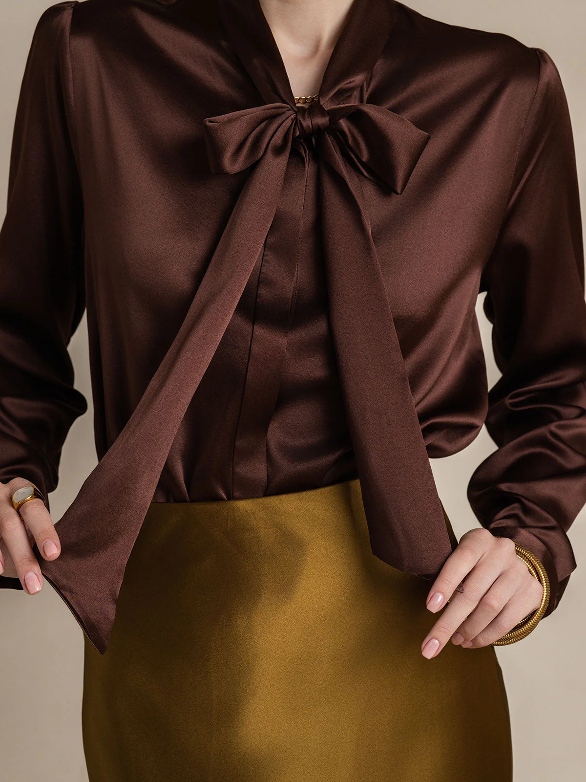 19Momme Silk Long Sleeve Tie Neck Blouse - Image 65