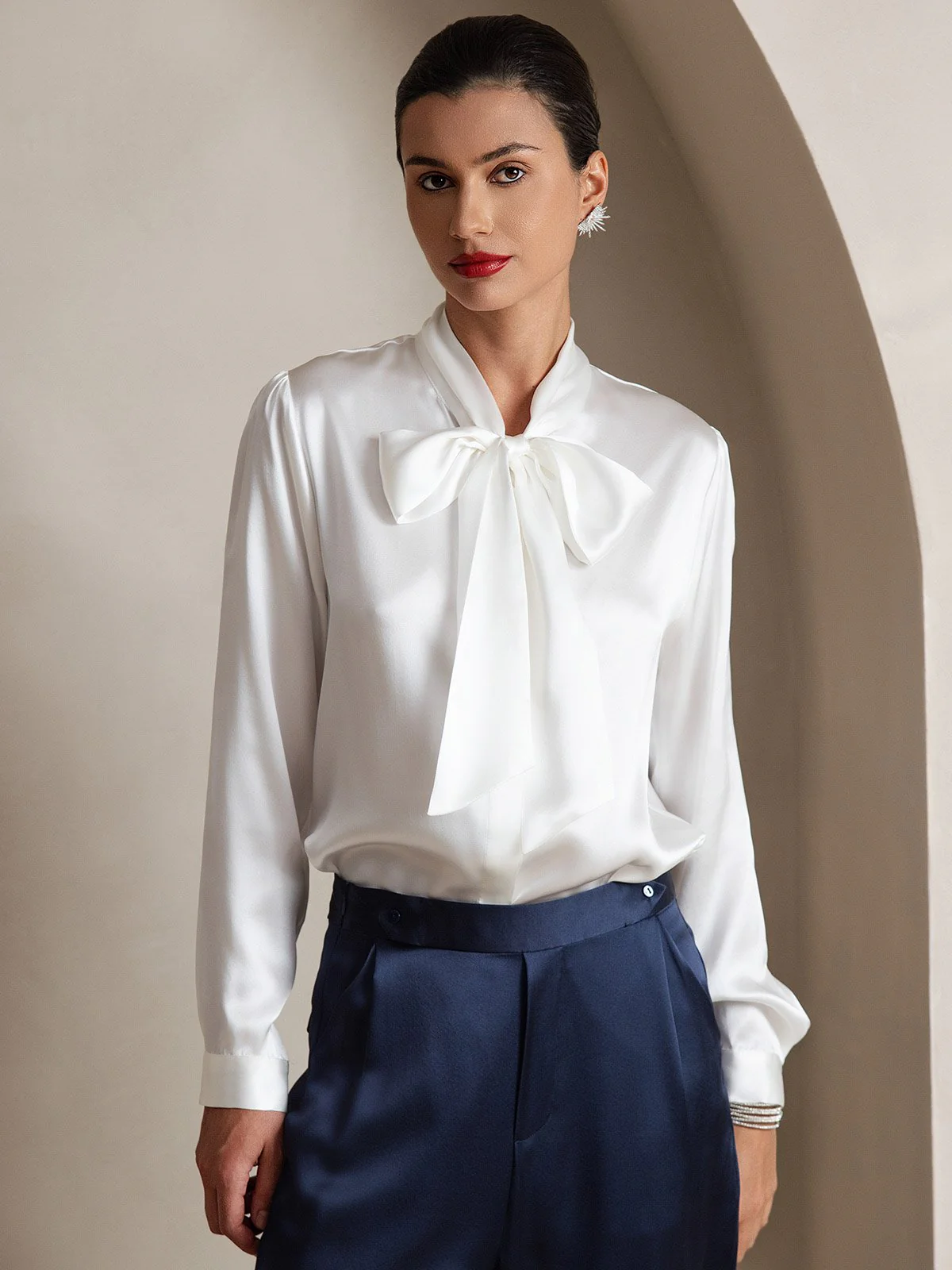 19Momme Silk Long Sleeve Tie Neck Blouse - Image 9