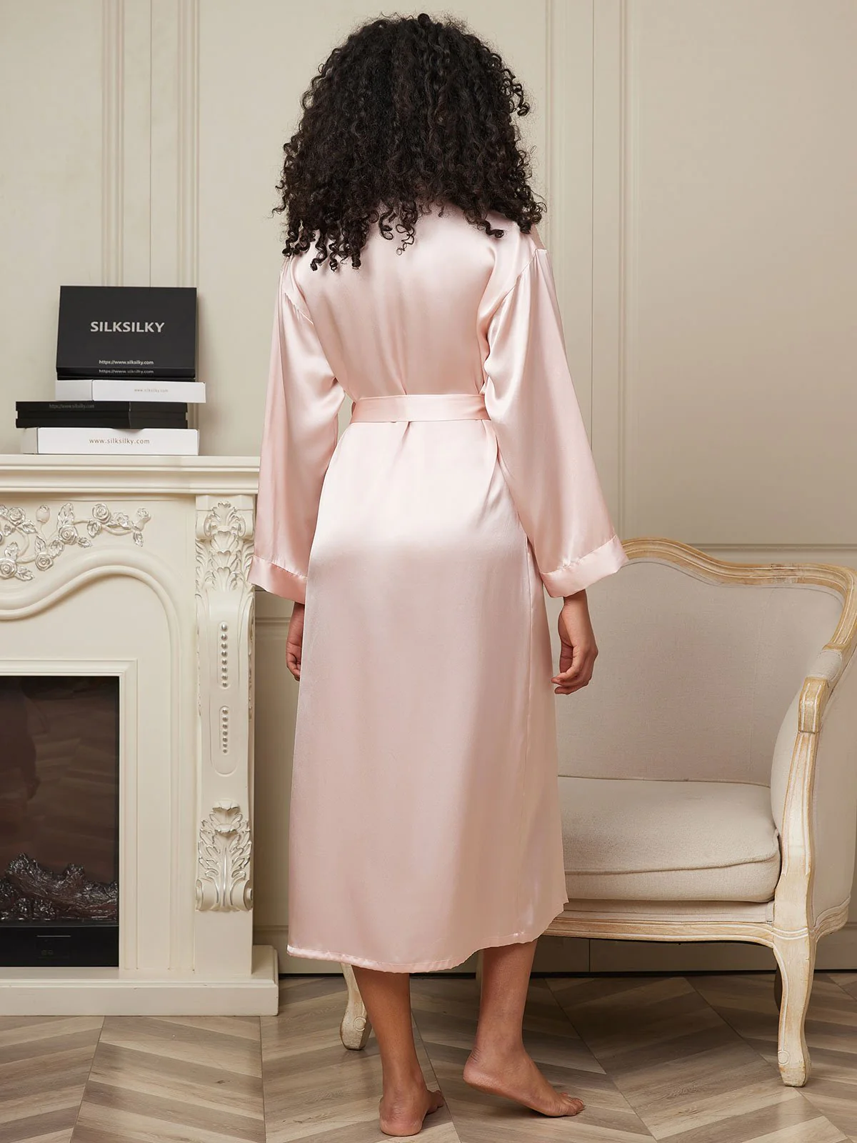 100% Mulberry Silk Long Sleeve Midi Women's Robe - Image 34