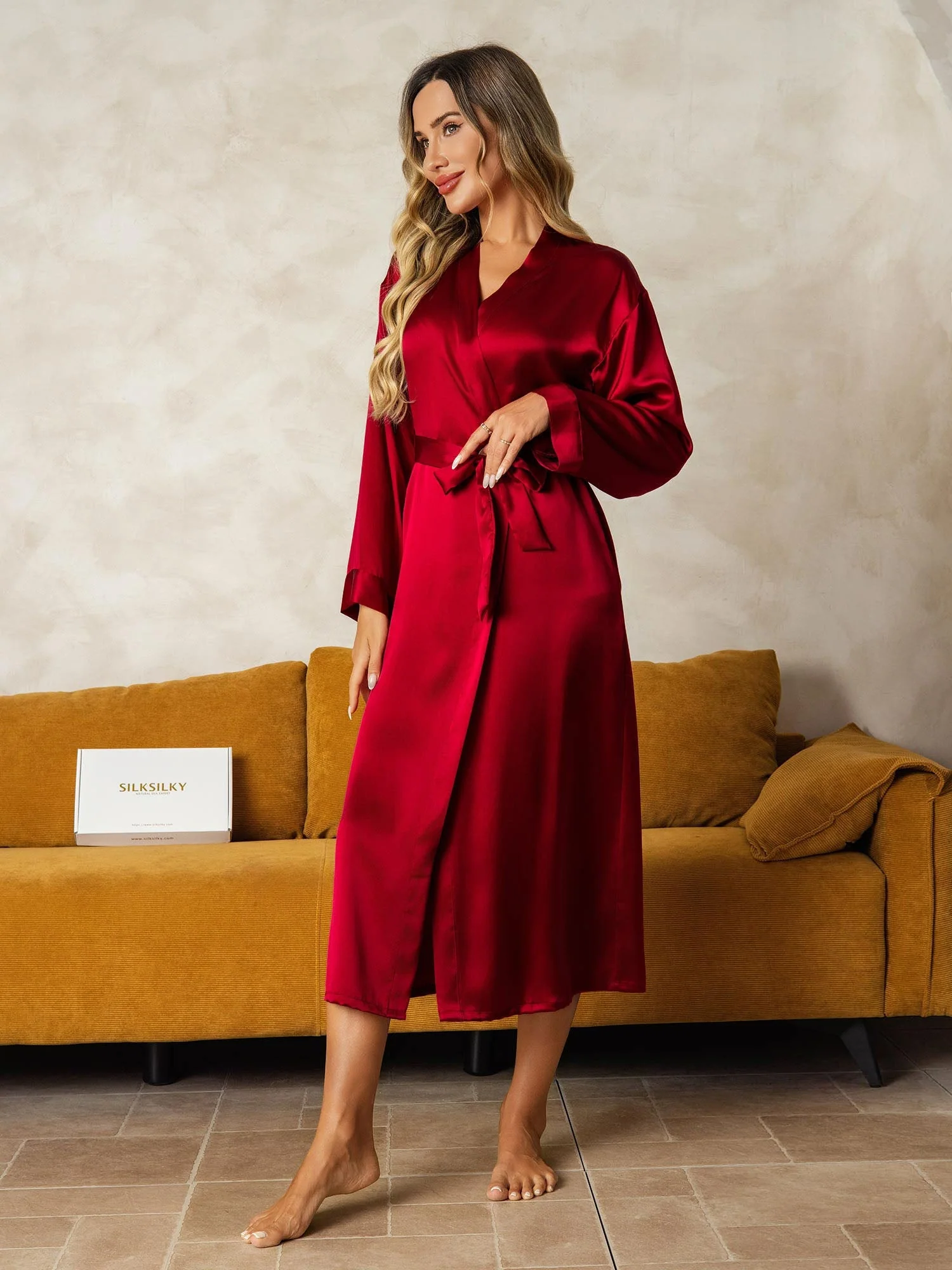100% Mulberry Silk Long Sleeve Midi Women's Robe - Image 4