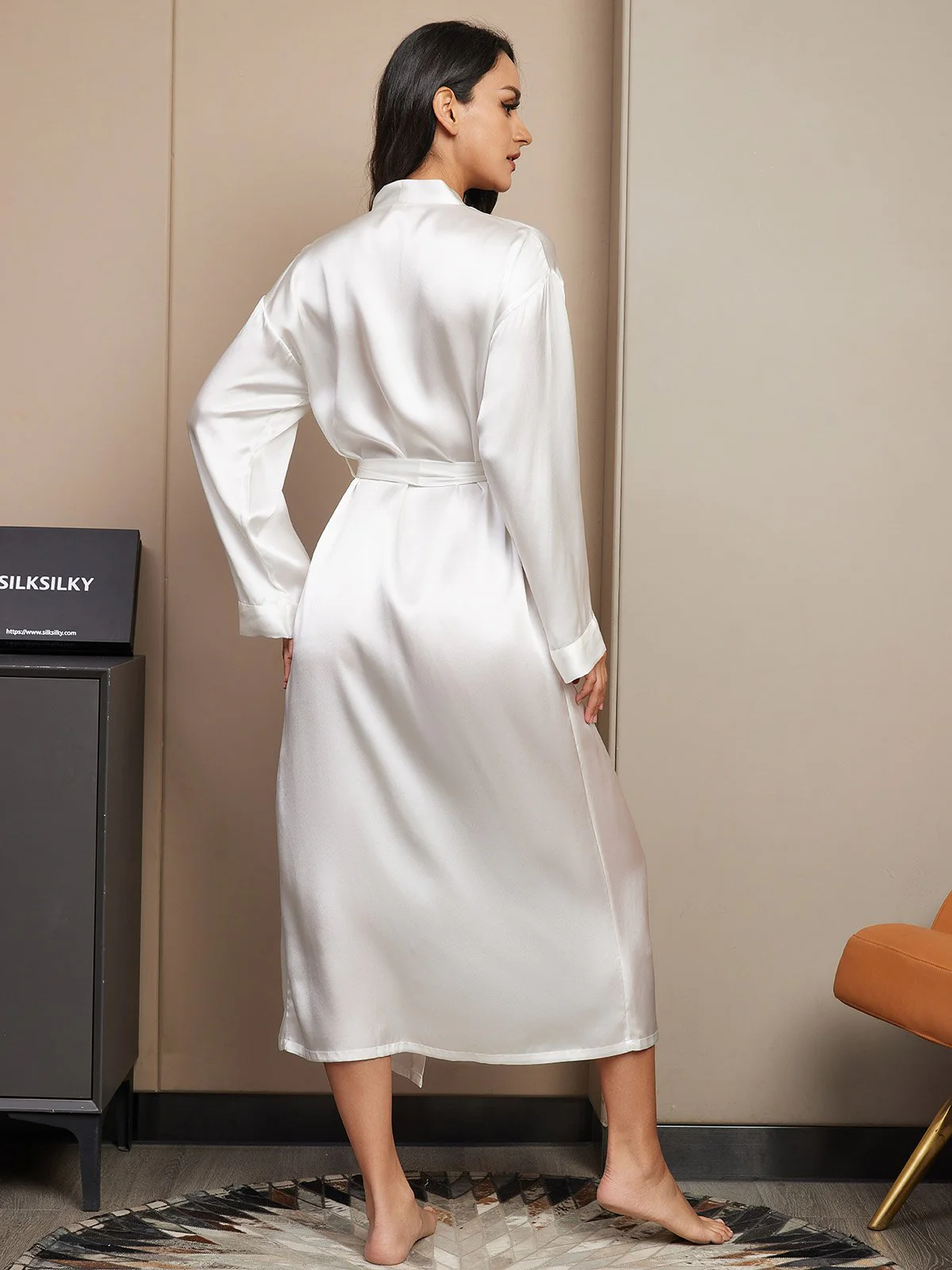 100% Mulberry Silk Long Sleeve Midi Women's Robe - Image 45