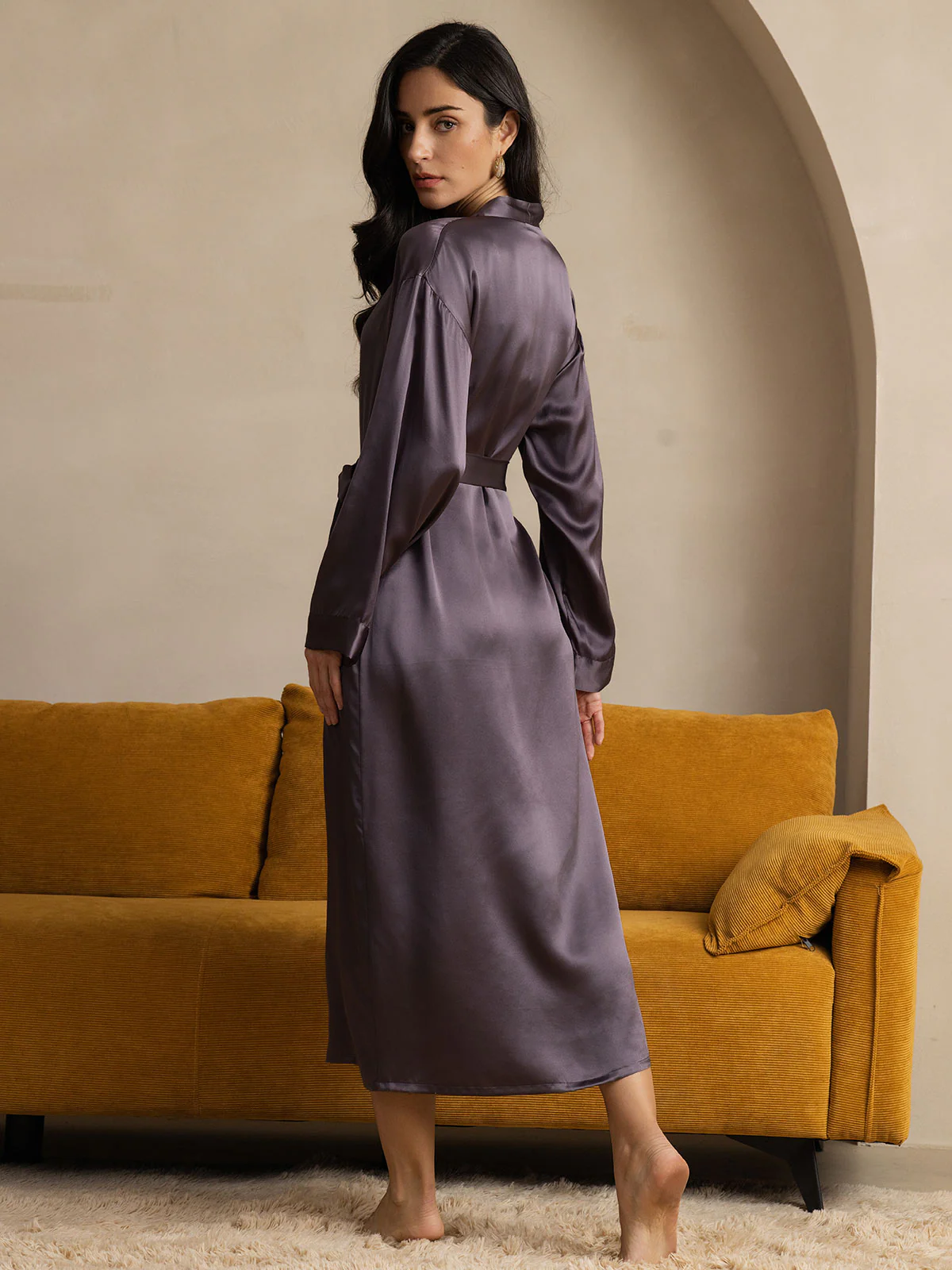100% Mulberry Silk Long Sleeve Midi Women's Robe - Image 7