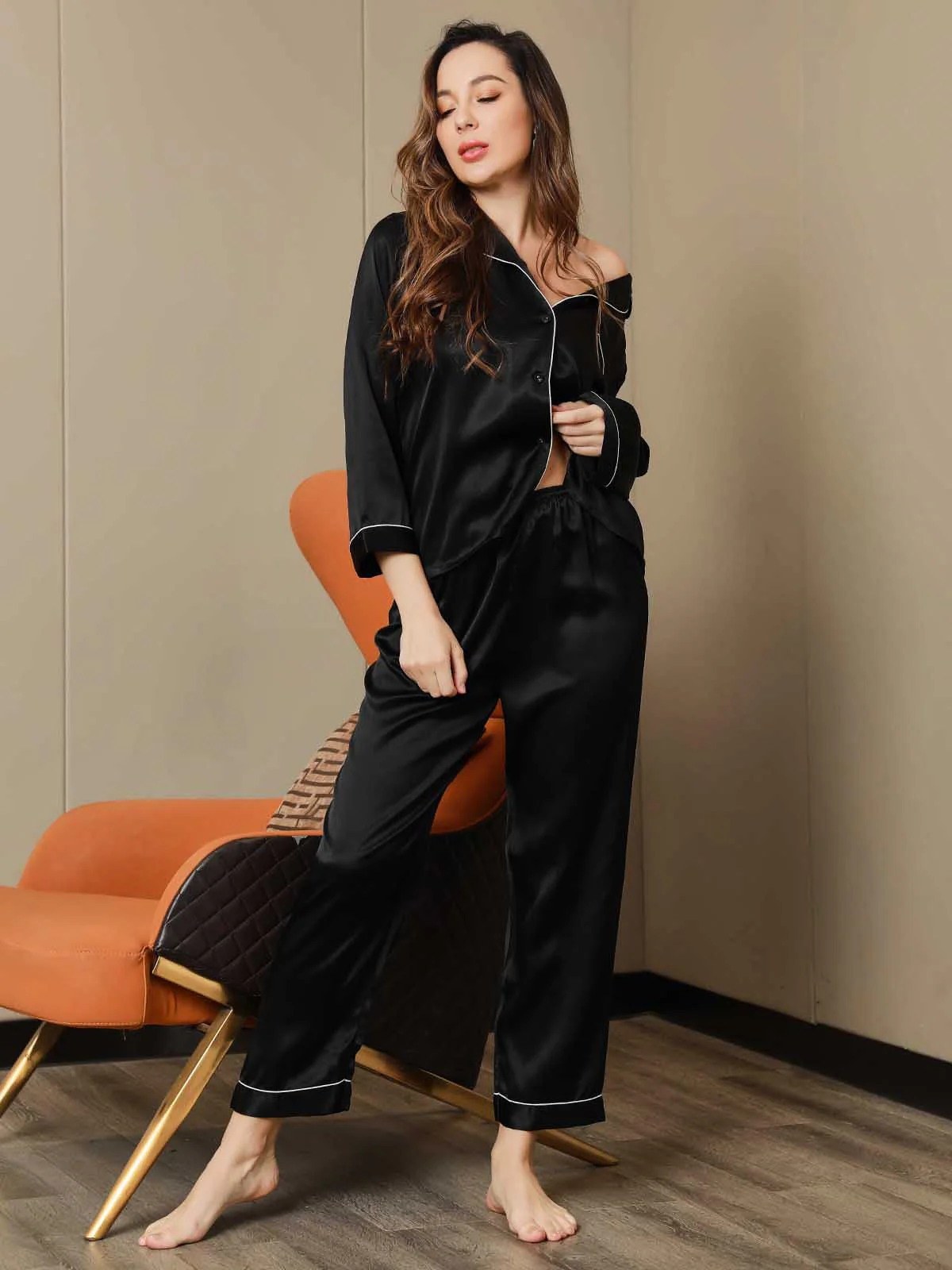 Pure Silk Notch Collar Button Up Women's Pajamas Set - Image 15