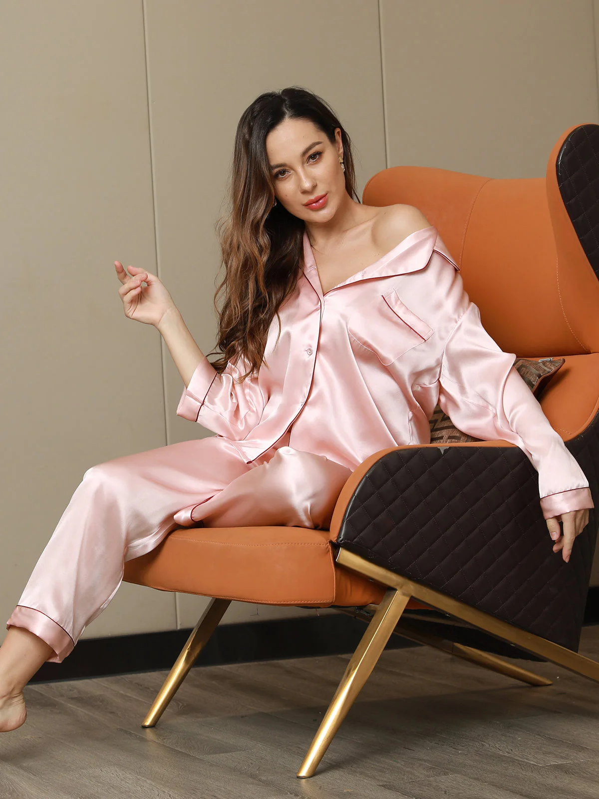 Pure Silk Notch Collar Button Up Women's Pajamas Set - Image 32