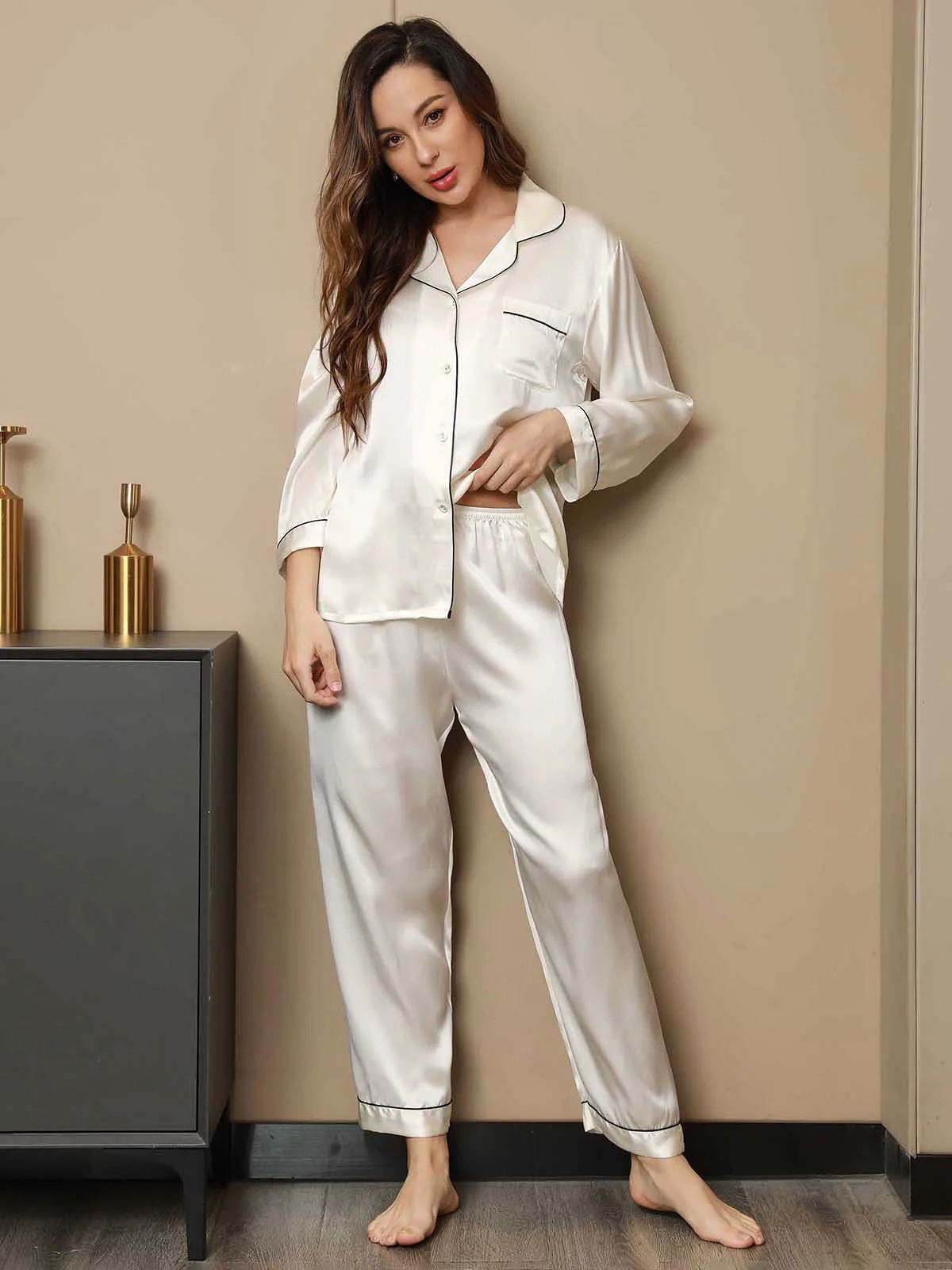 Pure Silk Notch Collar Button Up Women's Pajamas Set - Image 41